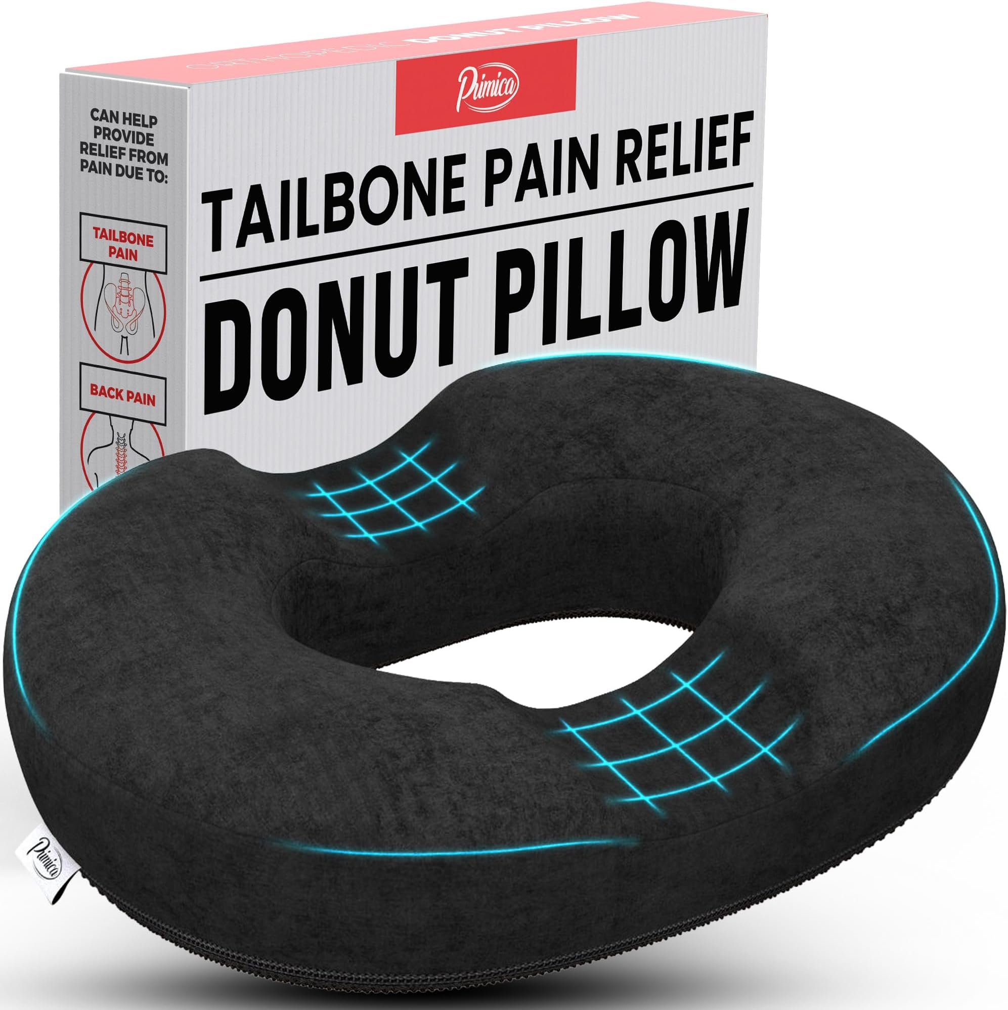 Primica Donut Pillow Hemorrhoid Cushion - Tailbone Pain Relief Doughnut Pillow - Super Comfort Round Ring Butt Cushion Helps Ease Post Natal, Prostate, Post Surgery and Back Pain