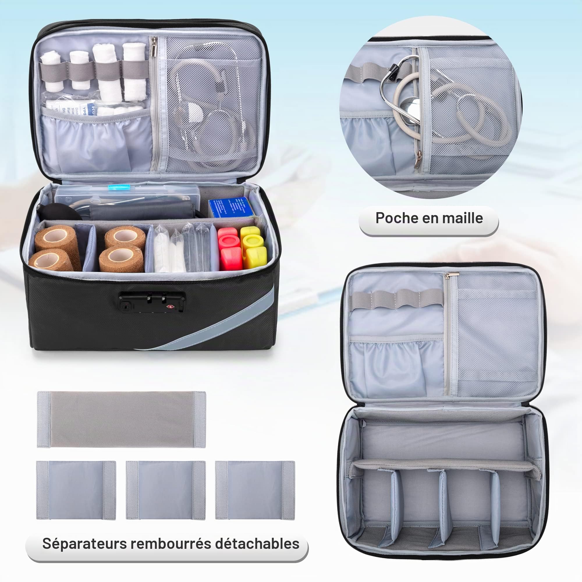 Trunab Petit Sac Médical avec Serrure à Combinaison, Trousse de Secours Verrouillable avec Mini Pochette pour La Maison, Les Voyages, Les Urgences, Gris (Sac Vide), Conception Brevetée