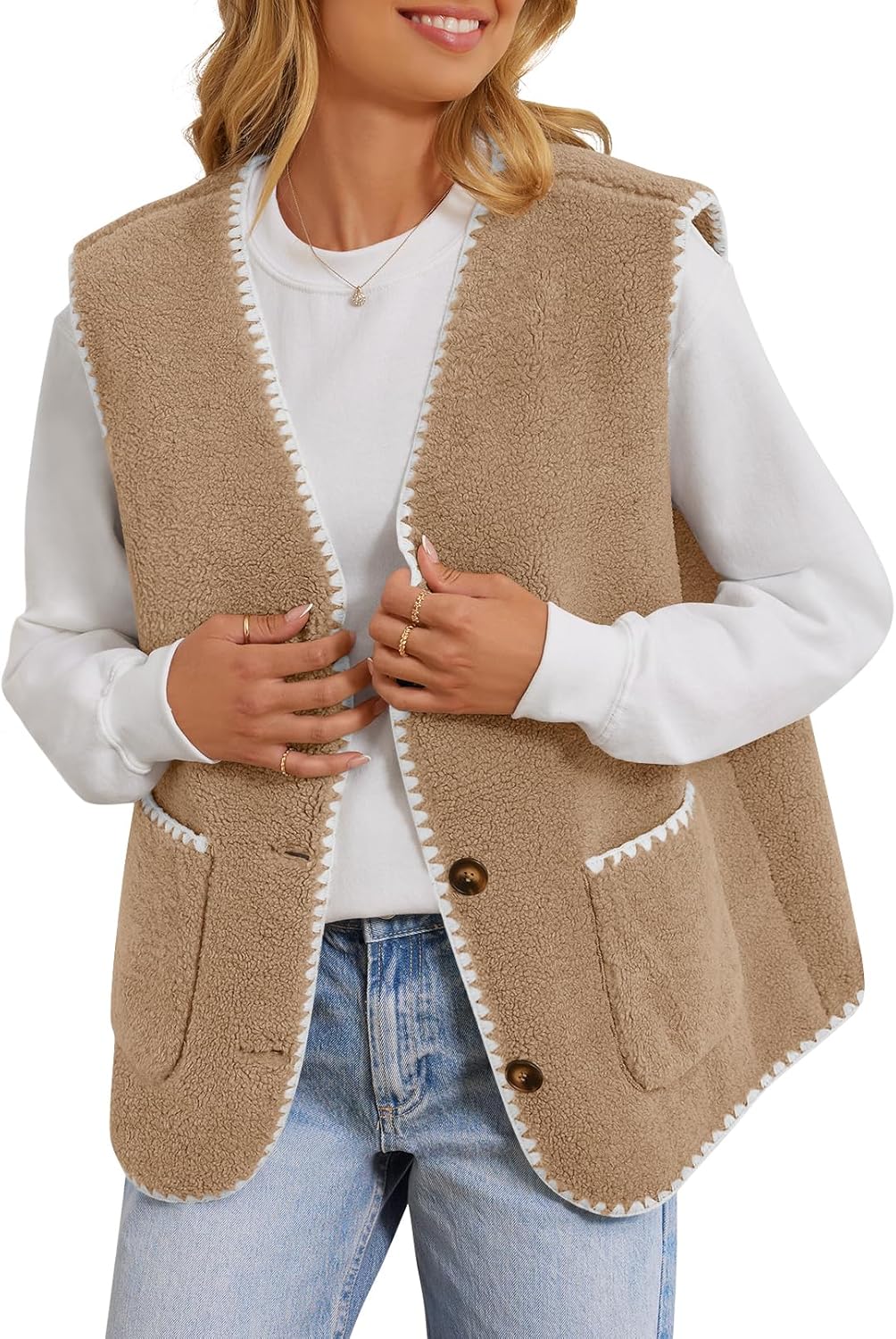 MEROKEETY Women’s Fuzzy Fleece Vest Sleeveless Colorblock Sherpa Jacket Button Down Outerwear with Pockets