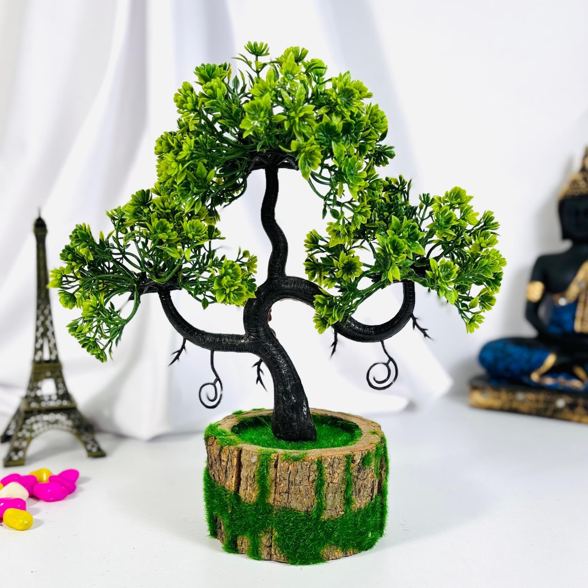 Artificial Plants with Green Wooden Pot Fake Bonsai Plants Greenery Desktop Display Simulation,Office,Home Office Bedroom Living Room Tabletop Bathroom Decor | Height : 25CM (Green)-image-1
