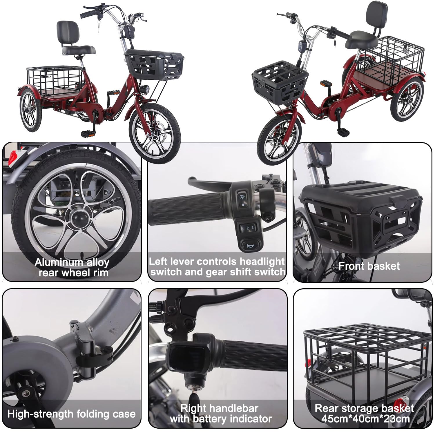 Tricycle electrique adulte 3 roues pliant, velo electrique adulte puissant 400W, tricycle adulte avec panier avant arrière, ideal courses, ville, transport, velo cargo electrique capacité 200kg Red