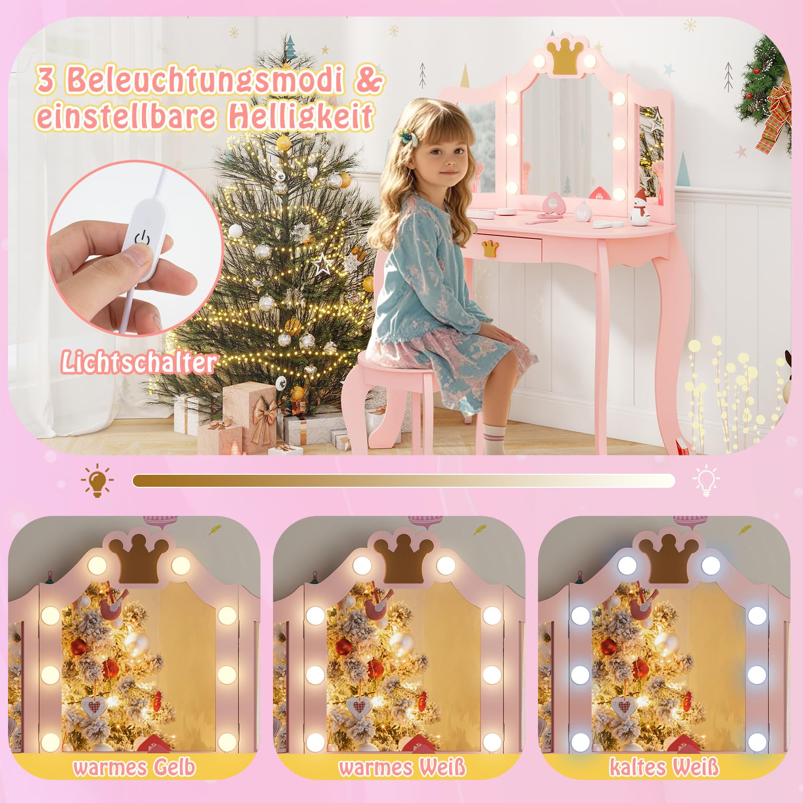 COSTWAY Kinder Schminktisch mit Beleuchtung, Frisiertisch Mädchen mit dreifach klappbarem Spiegel & Schublade, Kosmetiktisch aus Holz mit Hocker, Kinderschminktisch Set für Kinder ab 3 Jahren (Rosa)