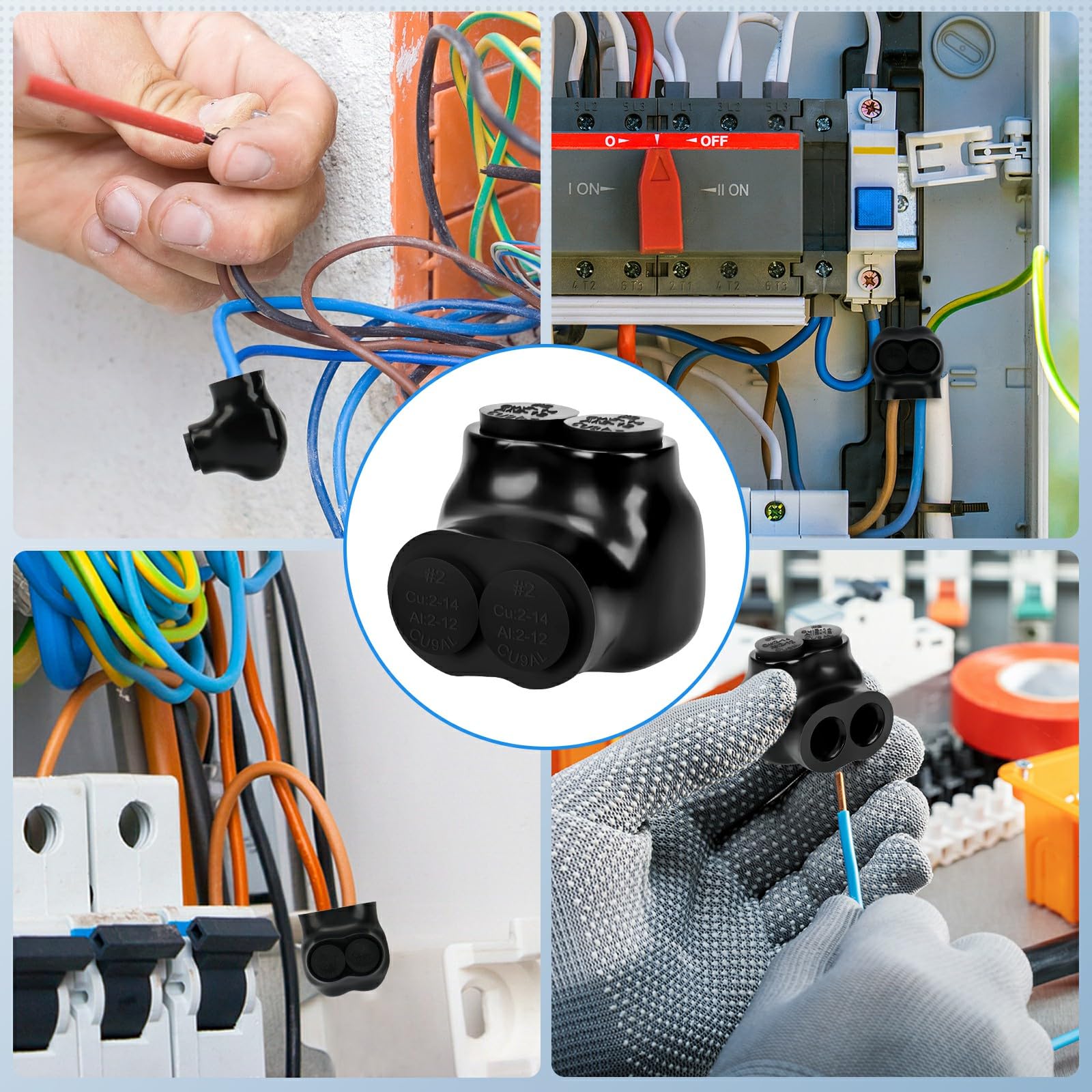 Lot de 10 connecteurs de fils isolés noirs multi-câbles 2 ports d'entrée unilatéraux pour câbles d'alimentation électrique (gamme 2 à 14 fils)