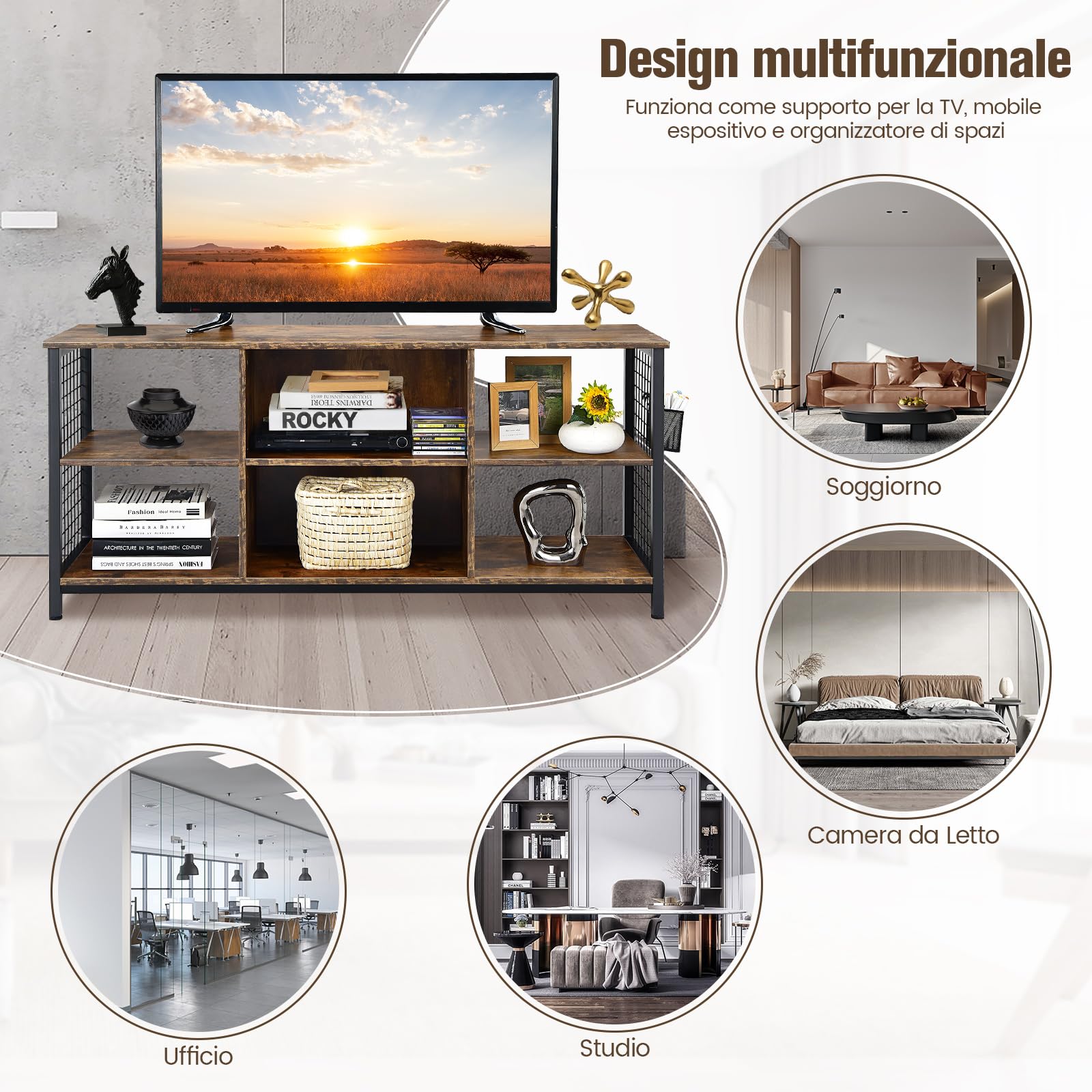 COSTWAY Mobile TV Industriale Fino a 65", Tavolo Multimediale a 3 Ripiani con Cesto Portaoggetti, Mobile TV in Legno con 2 Fori per La Gestione dei Cavi, 140 x 40 x 63 cm