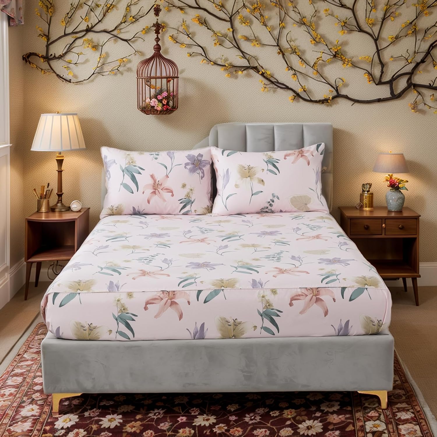 Lemfux King Bed Sheet Set 4 Piece Cotton Sheets King Leaf and Floral Print Farmhouse Sheet Set, Shabby Botanical Pattern Pink 1 Flat Sheet 110"x102", 1 Fitted Sheet 78"x80", 2 Pillowcases 20"x36"