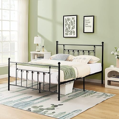 Miniatura 27 de VECELO - Base de cama de tamaño matrimonial de alta calidad, base de colchón con plataforma de metal, repuesto con cabecero estilo victoriano Mate