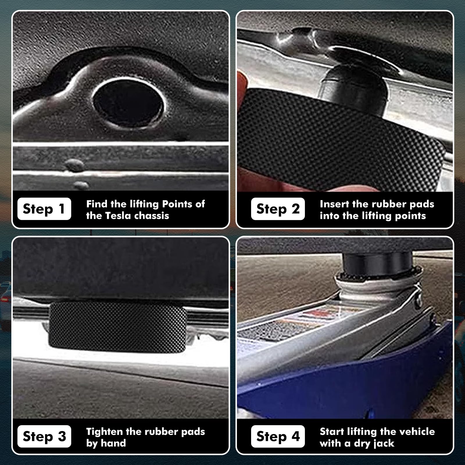 Tampon Cric Voiture, 4pcs Patin de Levage Caoutchouc pour Tesla Model 3 S X Y, Bloc Cric Protecteur Adaptateur, Support Levage Protection Châssis Batterie avec Boîte