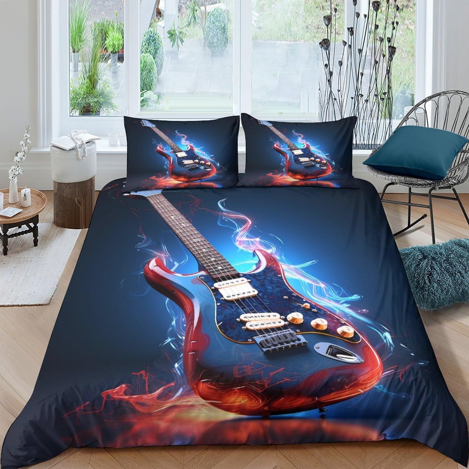 Ctjqhvkz Style-3 3D Printed Electric Guitar Fitted Sheet Microfiber Bedroom Bed Sheet Flame Music Mattress Cover Decor Single（135X200cm）