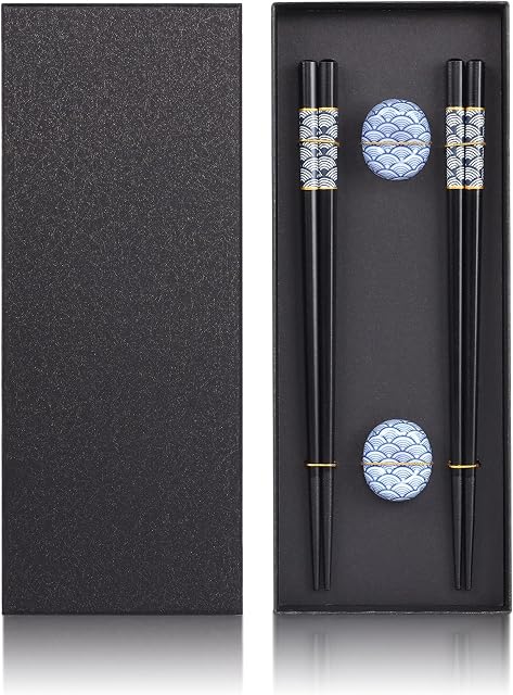 Chopsticks Reusable Japanese Wave Pattern Style Lightweight 2 Pairs Wooden Chopsticks + 2 Ceramic Chopsticks Holder Gift Set, 8.85 inches/22.5cm, Dishwasher Safe