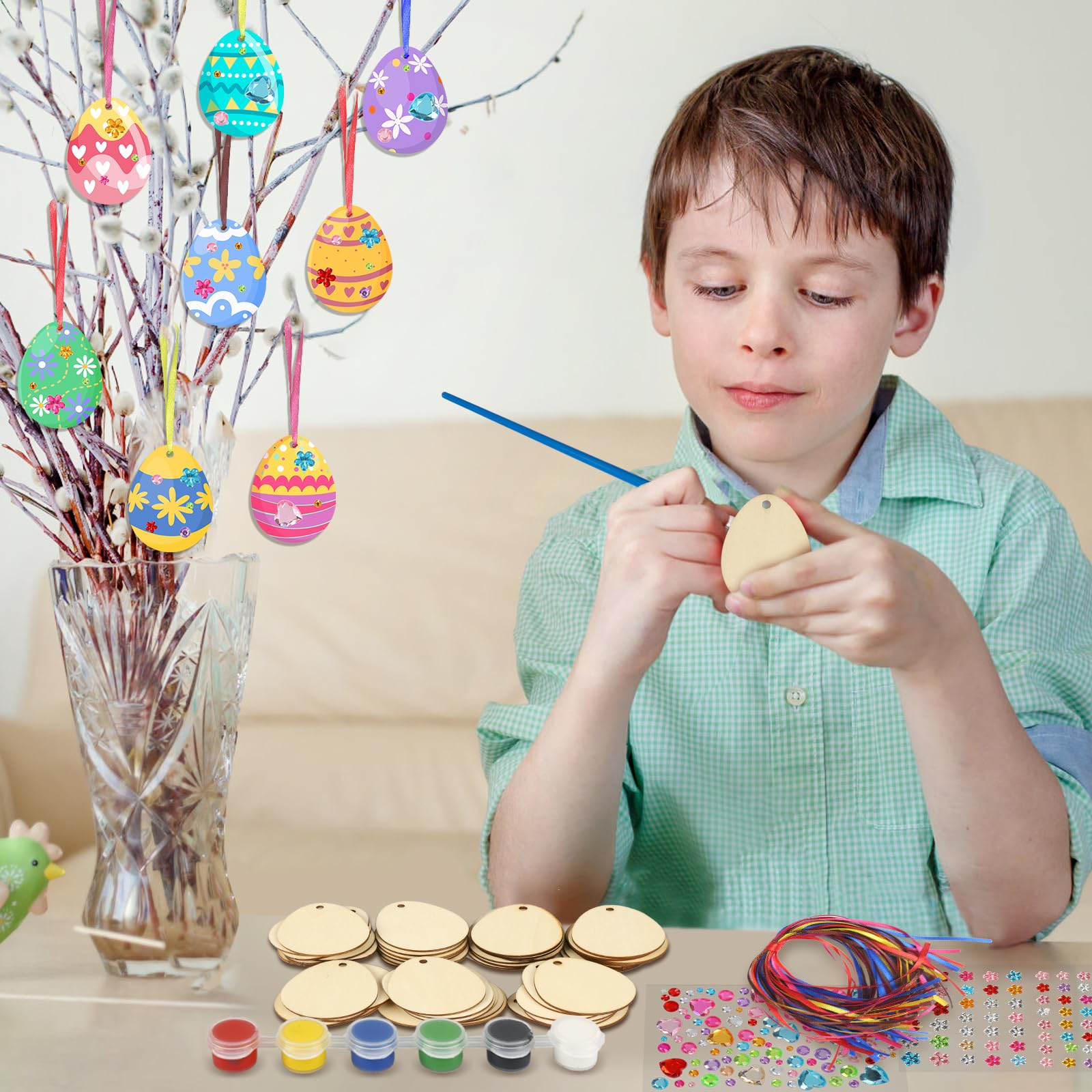 Yi'antai Set Fai Da Te Uova Di Pasqua In Legno - 65 Dischi Da Dipingere Con Pennelli, Tavolozza, Adesivi Diamantati E Corda - Per Bambini E Decorazioni Pasquali