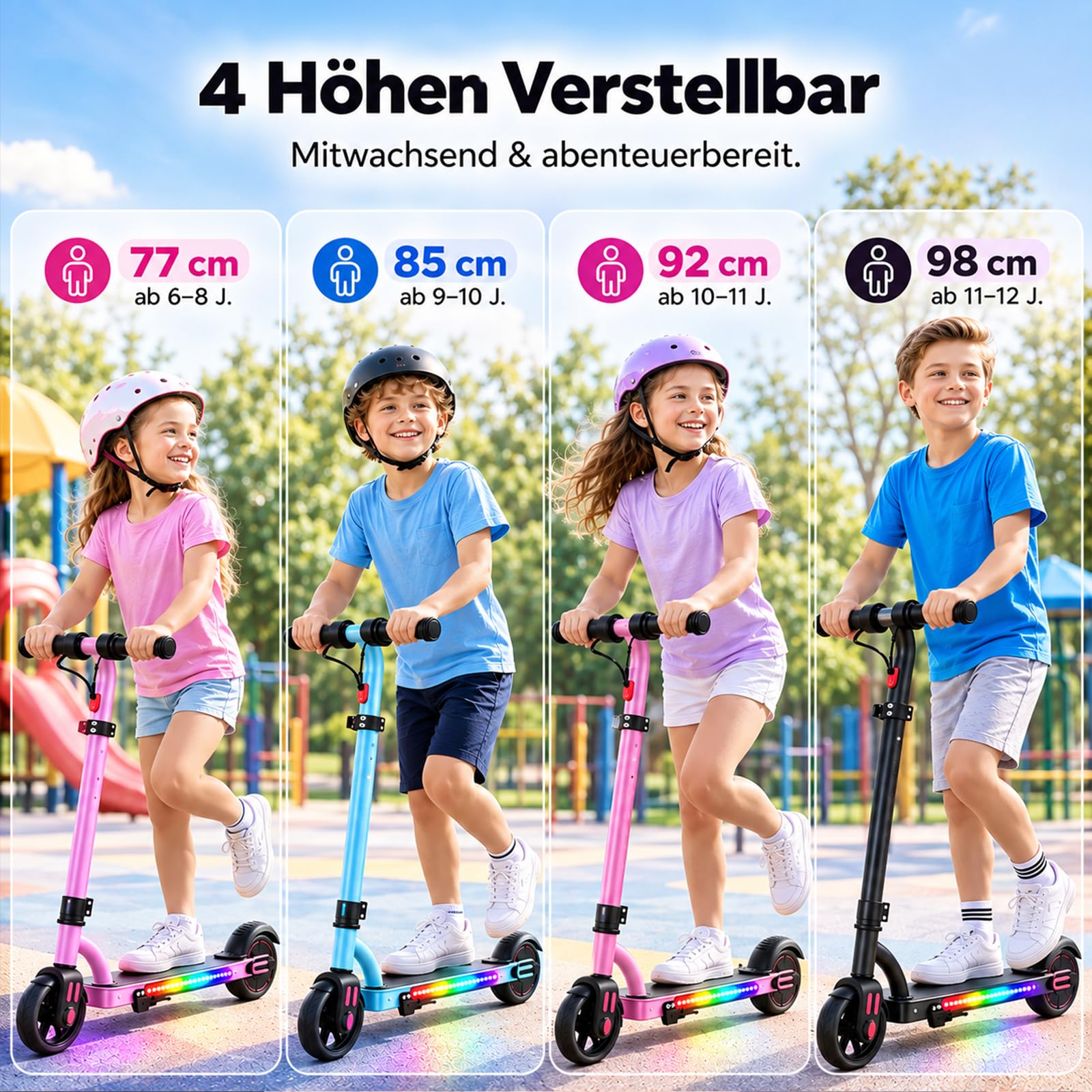 Caroma Trottinette électrique pour Enfants, 150 W, réglable en Hauteur et Pliable, écran LED et lumières colorées, Trottinette électrique pour Enfants de 6 à 12 Ans