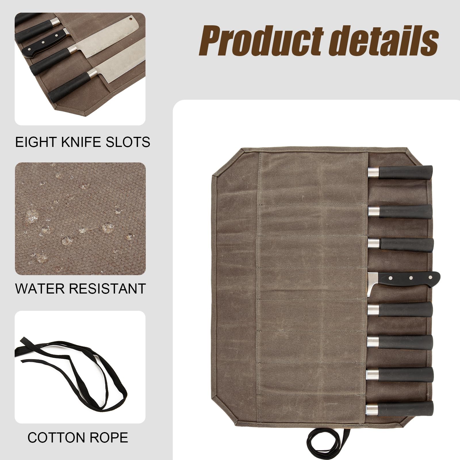 Messertasche,Koch Messer Roll Bag,Messertasche Kochmesser mit 8 Fächern für Messer und Löffel,Wachs Leinwand Messer Case Lagerung,Geschenke für Pro-Köche oder kulinarische Enthusiasten (Kaffee)