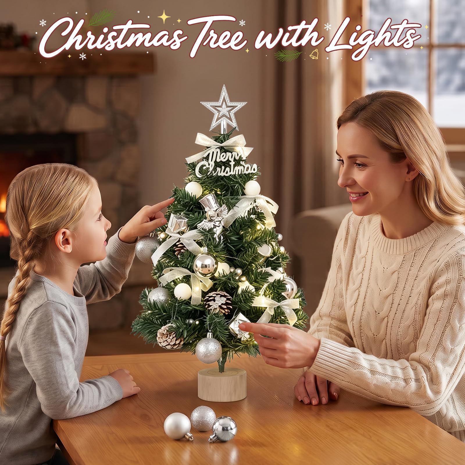 Mini sapin de Noël de table de 61 cm avec lumières | Petit sapin de Noël artificiel avec étoile - Kit de bricolage - Décoration pour la maison et centre de table - Blanc 60C06