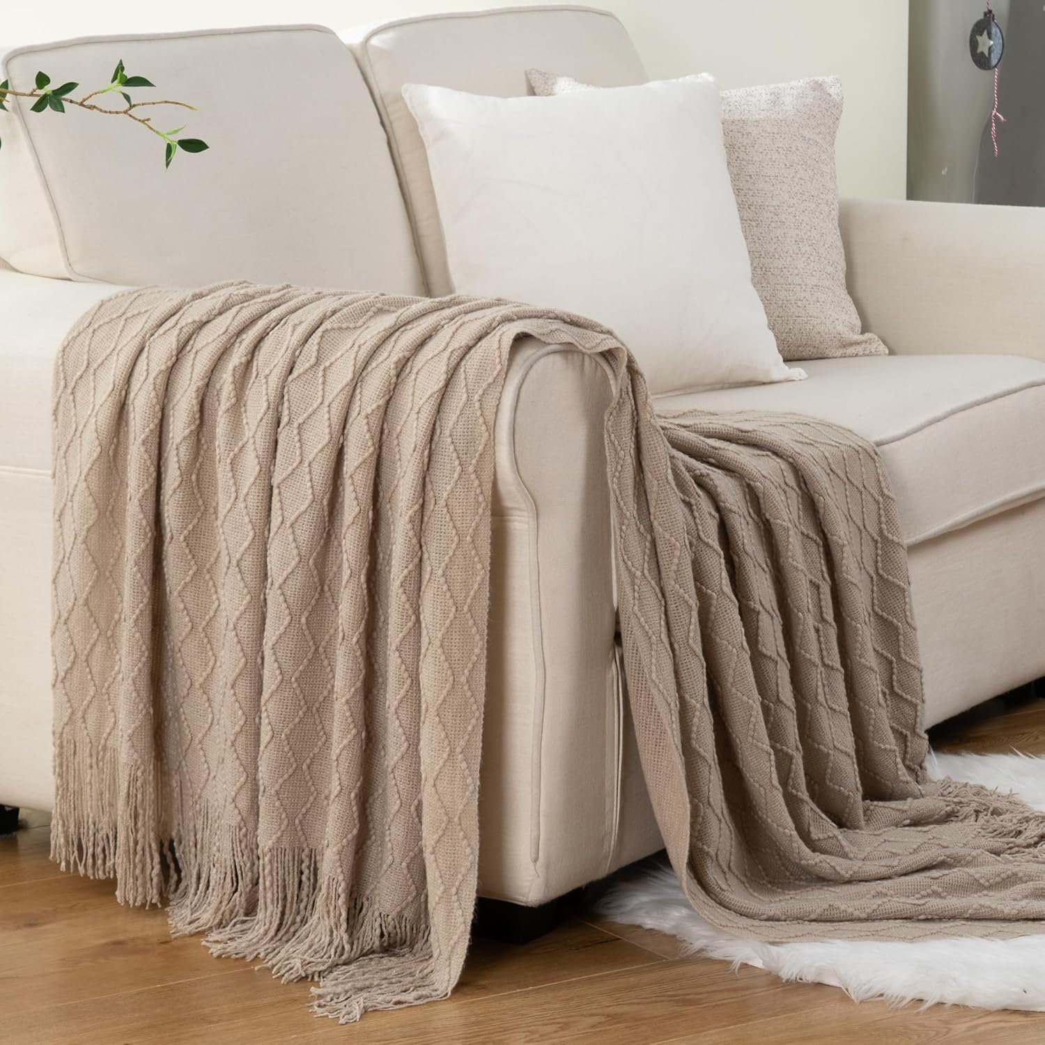 BATTILO HOME Khaki Throw Blankets for Couch, Taupe Lightweight Decorative Blankets and Throws, Boho Warm Knit Blanket for Men and Women, 50"x60" - Image 7