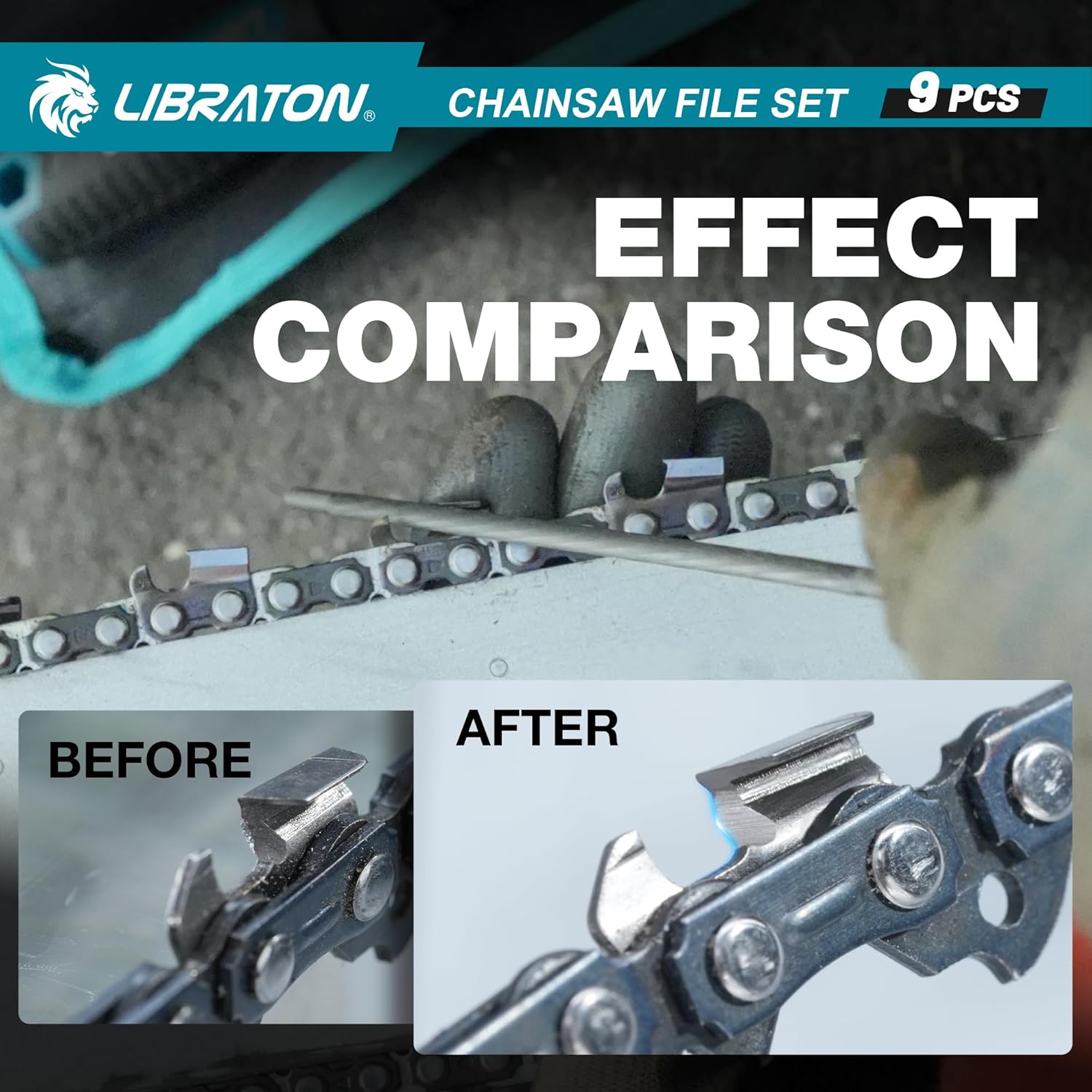 LIBRATON Chainsaw File Set, 5/32", 3/16", 7/32" Chainsaw Sharpening File, Chainsaw Sharpener, Round Saw Chain File, 6" Flat File, Depth Gauge, Filing Guide, Check Gauge, Bar Groove Cleaner, Pouch