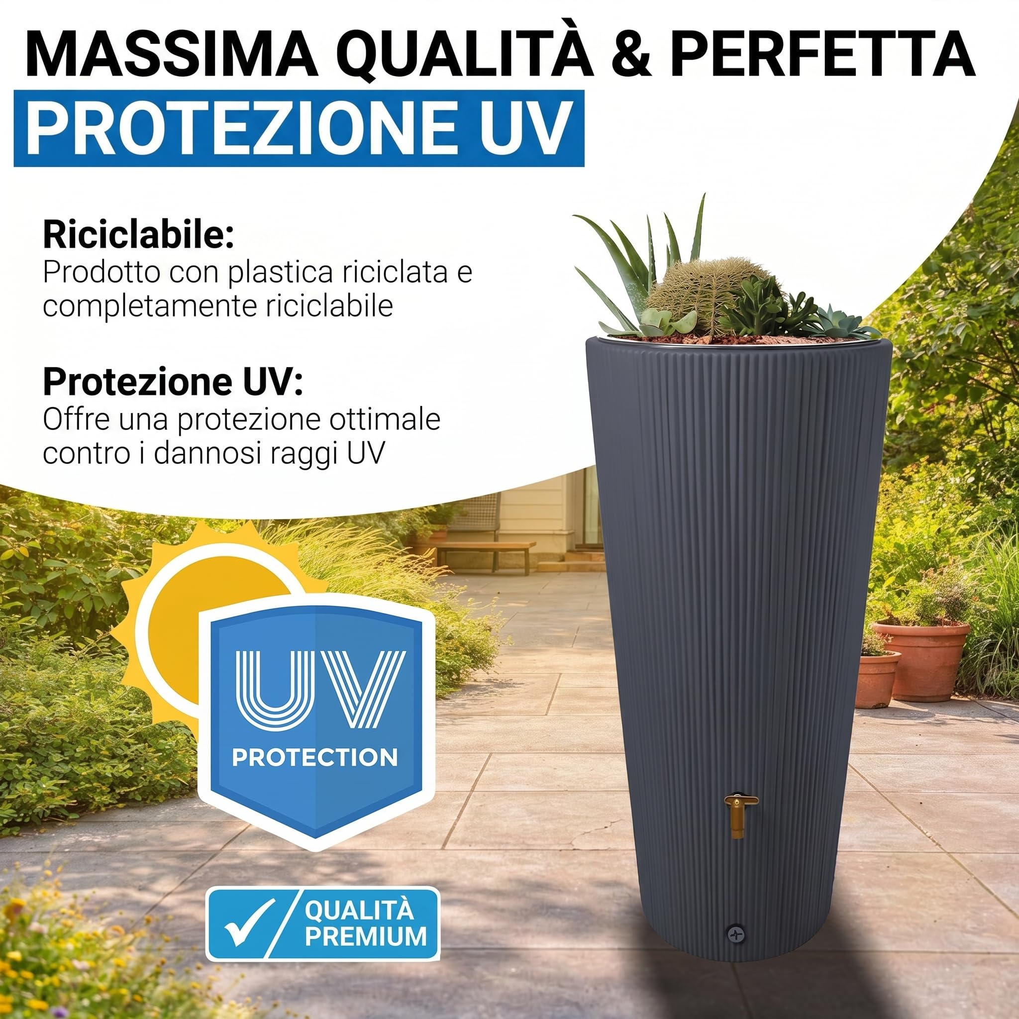 4rain VASO 2in1 DECOR serbatoio per pioggia 220 litri grigio grafite incl. rubinetto in plastica e raccordo pluviale - raccolta acqua piovana - vaso decorativo da giardino - per spazi esterni moderni