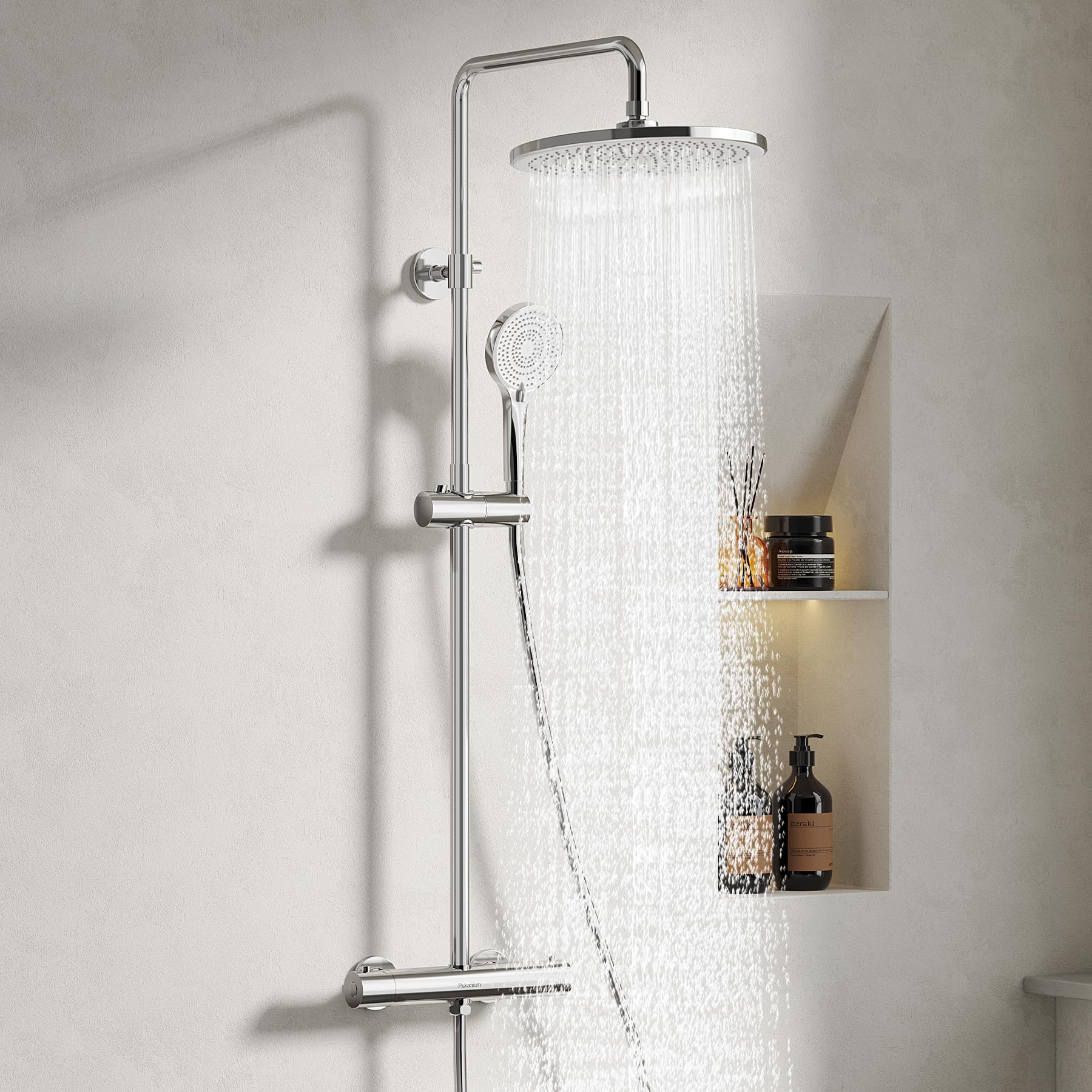 Duschsystem mit Thermostat, Chrom Duscharmatur Komplettset mit 255MM Regendusche, Rund Regendusche mit Armatur, Handbrause 3 Strahlarten, Duschset mit 110-125 cm Höhenverstellbar