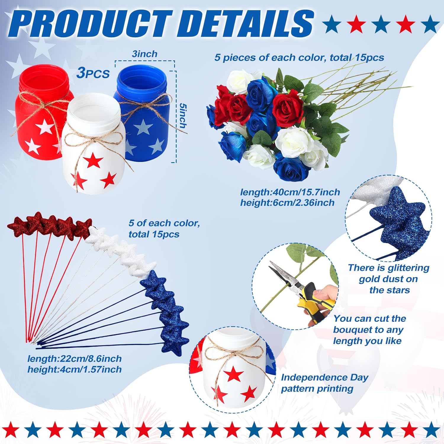 Pickmesh 34 Pcs 4th of July Mason Jar Centerpiece Set, Patriotic Red White Blue Mason Jars with Artificial Roses and Star Picks, Independence Day Memorial Day Party Table Decorations