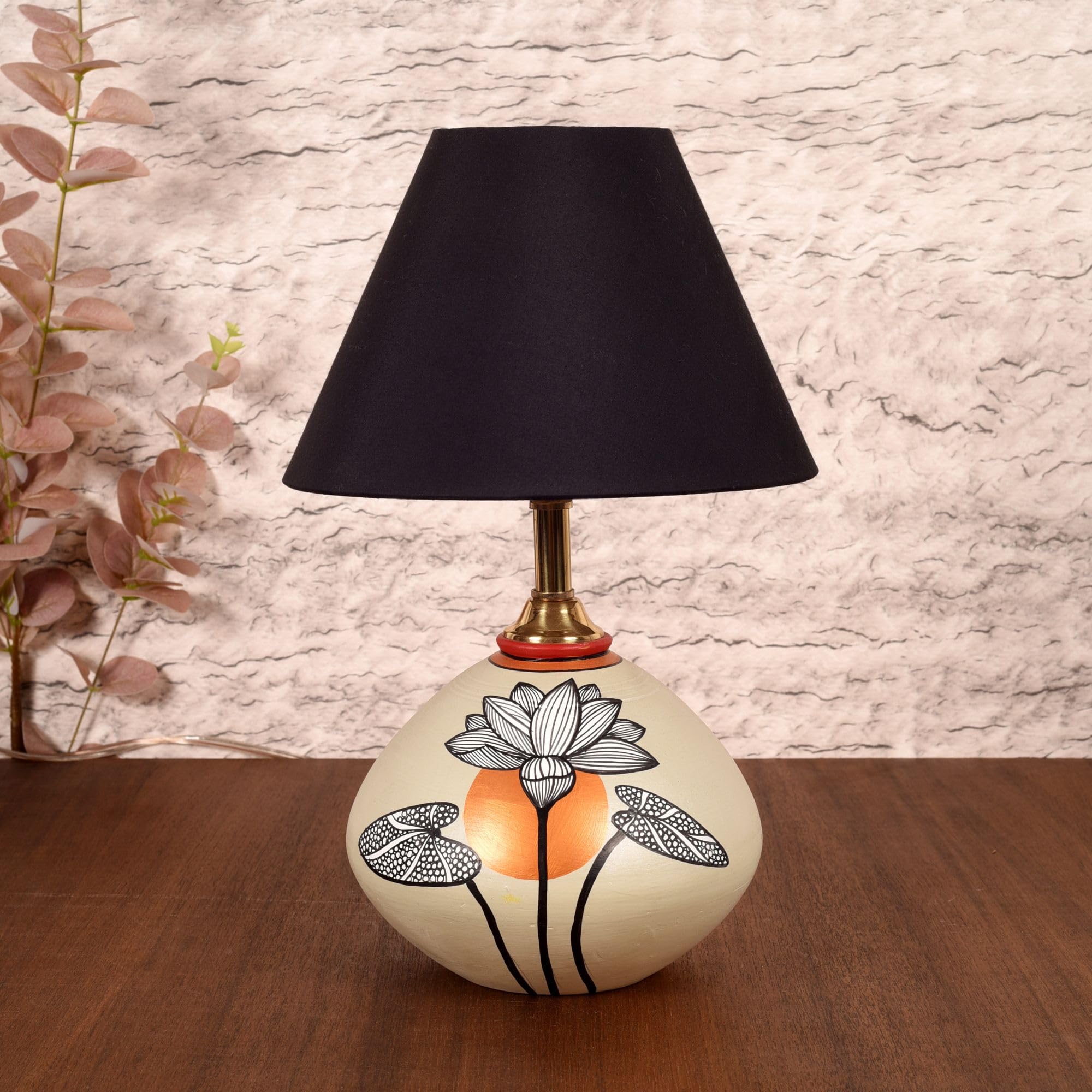 AAKRITI ART CREATIONS | Silver Bloom Terracotta Handcrafted Table Lamp with Black & Grey Cotton Shade | Terracotta Lamp for Bedroom, Bedside Table Lamp-image-4