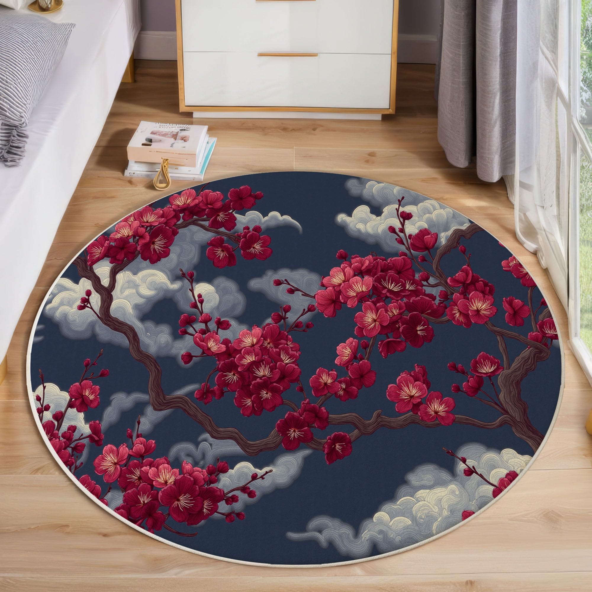 Tapis rond chinois fleurs de prunier rouge et noir 80 cm pour chambre et entrée