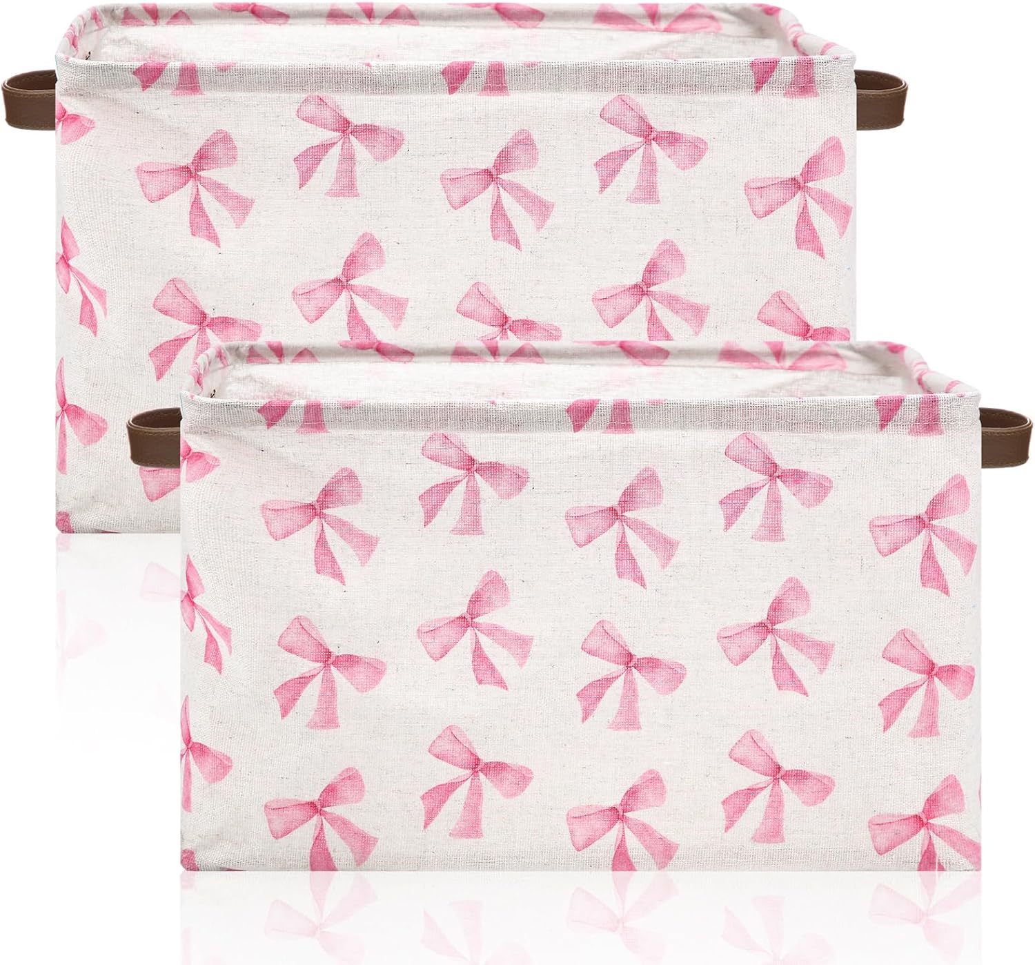 Weysat 2 Pcs Coquette Pink Bow Storage Basket Collapsible Toy Storage Bins Waterproof Canvas Organizer with Leather Handles for Home Closets Offices, Bedrooms, Toy and Gift Baskets