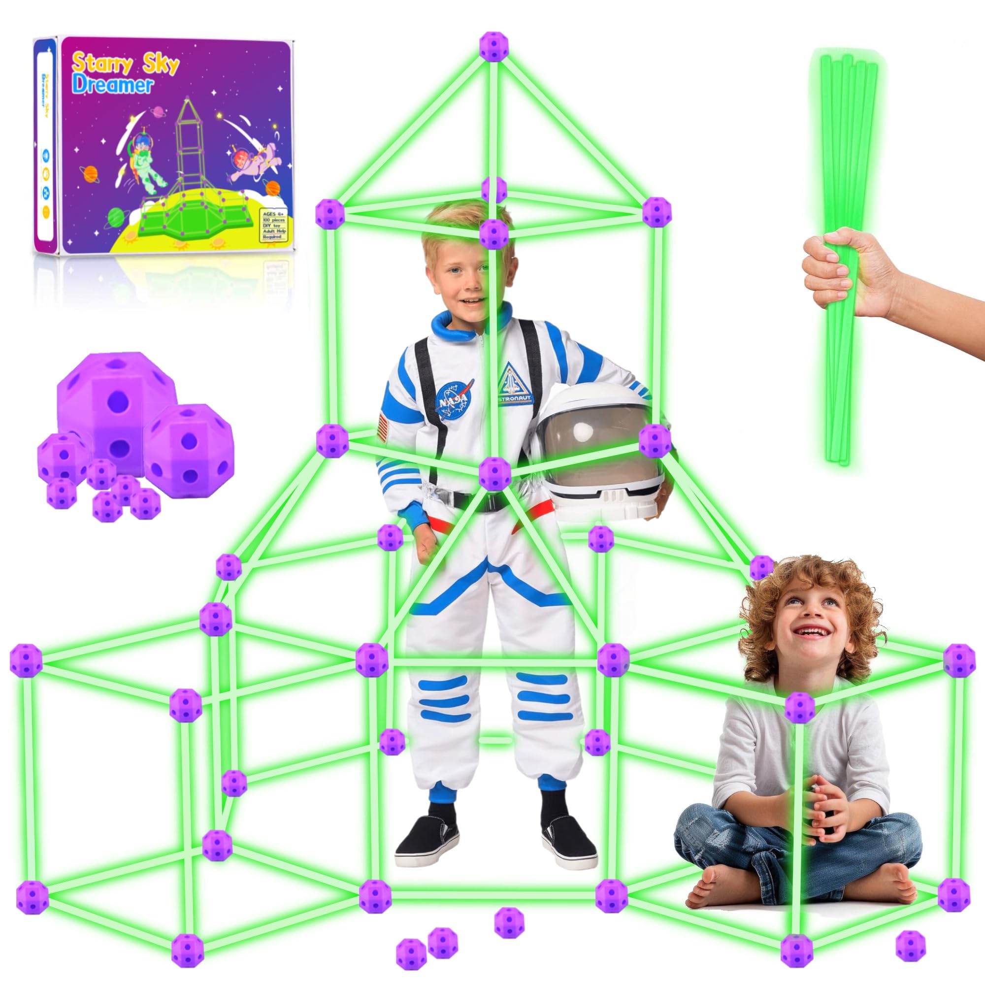 100 pezzi Kit di costruzione - Brilla al buio, forte bambini da 3 a 13 anni, castelli tunnel creativi, tenda di giochi e campagna per interni ed esterni, fortezza fai da te