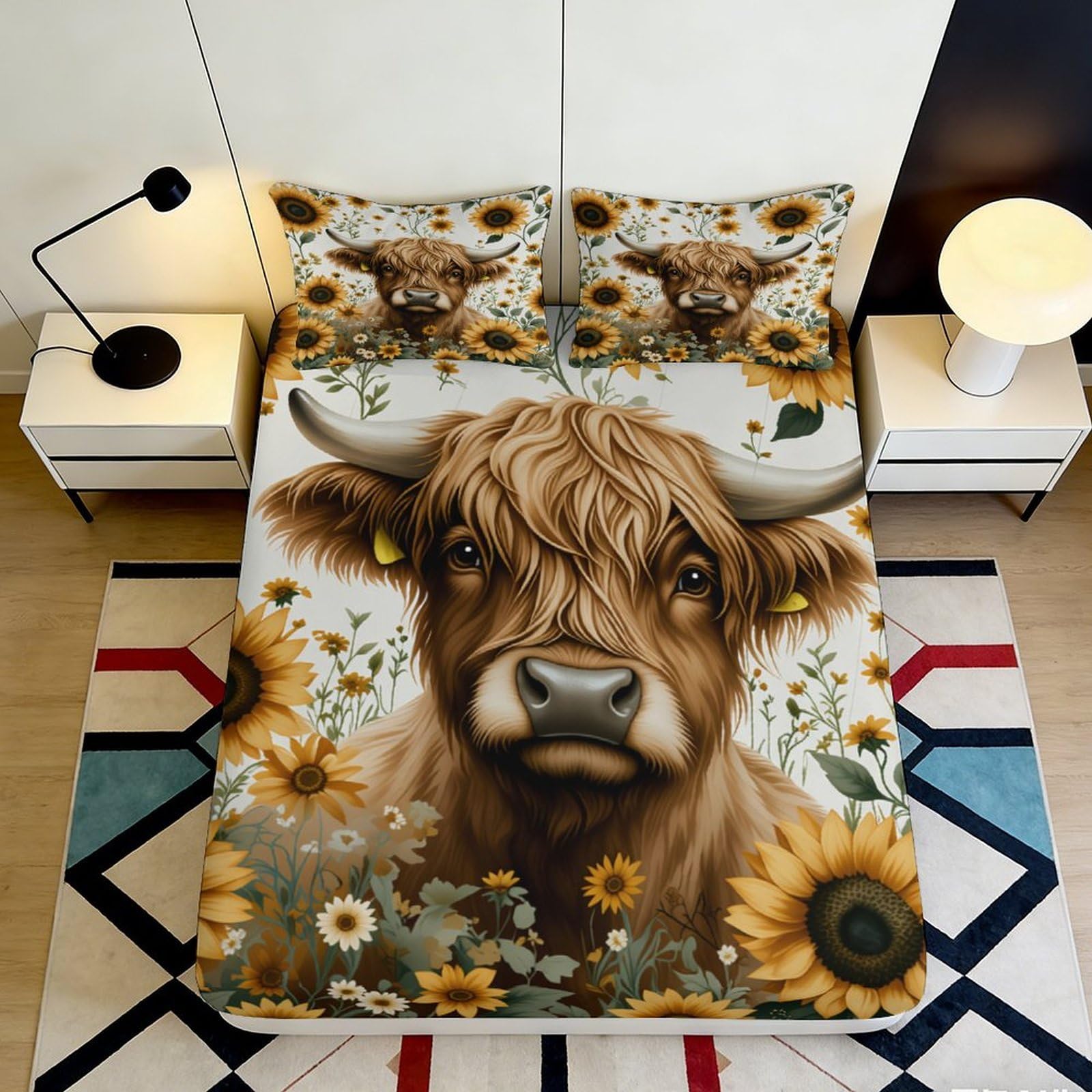 3D Printed Highland Cow Sunflower Fitted Sheet Microfiber Soft Anti-Slip Bed Cover for Bedroom Dorm Decor 90x200x25cm