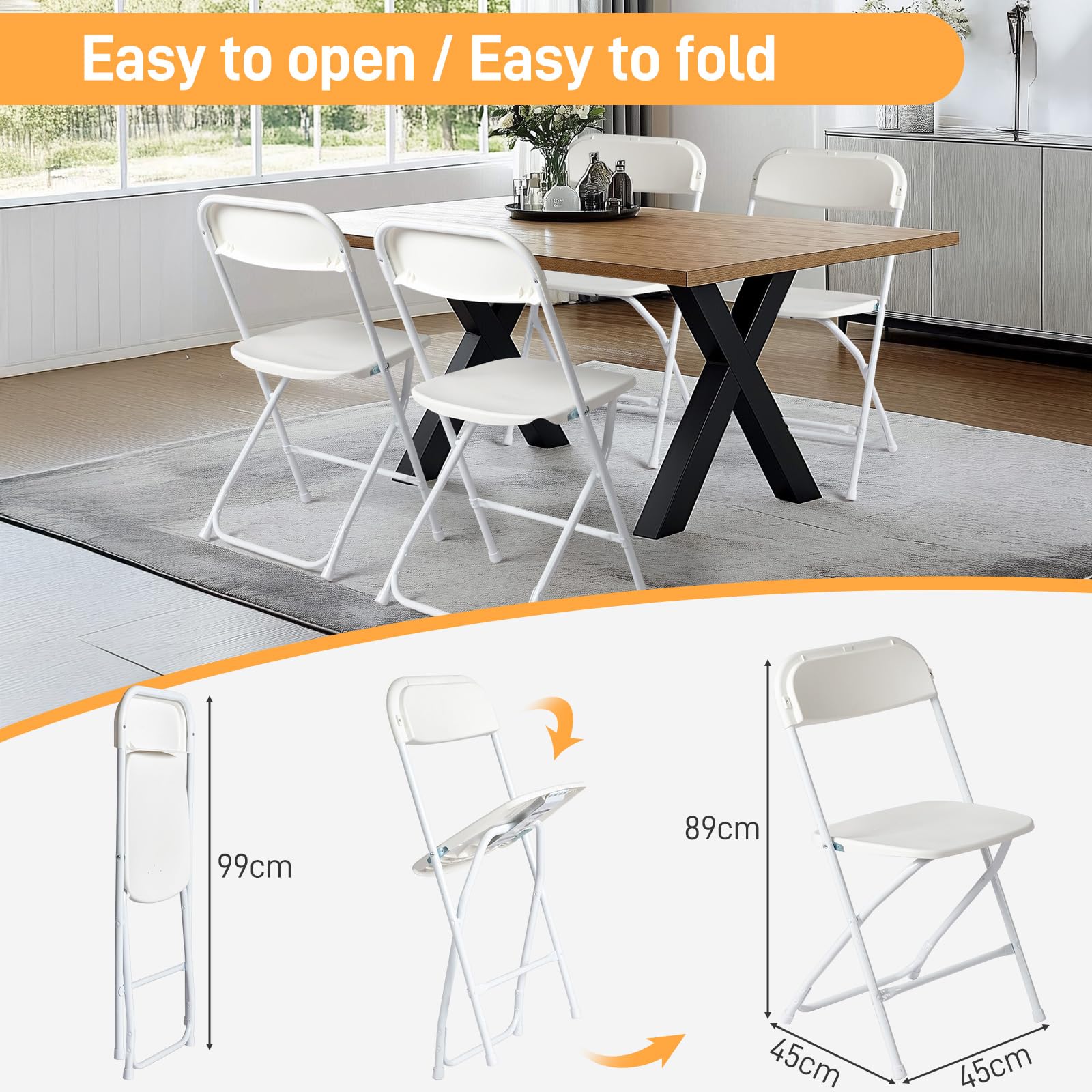 Bonnlo Lot de 10 chaises pliantes - Pour mariage, jardin, intérieur et extérieur - Empilables - En métal et plastique - Jusqu'à 158 kg - Blanc