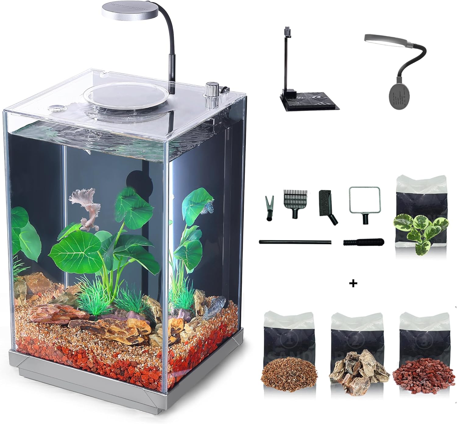 Nano Desktop Betta Aquarium 2.7 Gallon Glass Fish Tank Set, Hidden Backside Filtration System Self Cleansing Filter Mild Gravel Plant Cleansing Software, for Small House Simple Setup House-Saving Design Nano Desktop Betta Aquarium 2.7 Gallon Glass Fish Tank Set, Hidden Backside Filtration System Self Cleansing Filter Mild Gravel Plant Cleansing Software, for Small House Simple Setup House-Saving Design