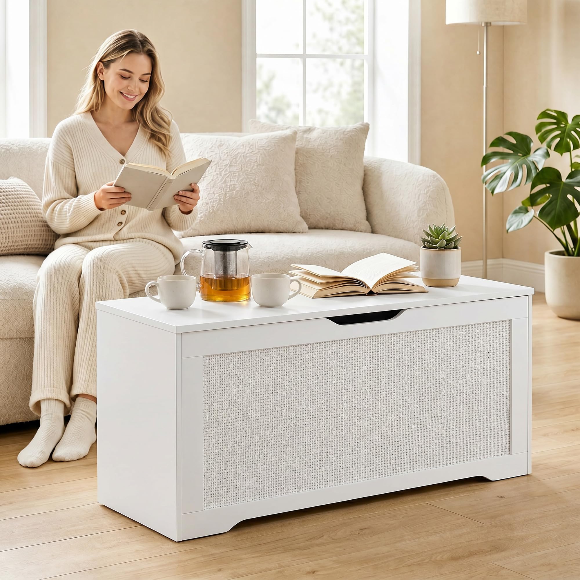 HOMCOM Baúl de Almacenaje 136L Banco de Almacenaje 100x40x45 cm Blanco | Panel de Ratán, Tapa Elevable, Brazos de Soporte, Diseño Sin Tiradores, para Recibidor, Pasillo, Dormitorio, Salón