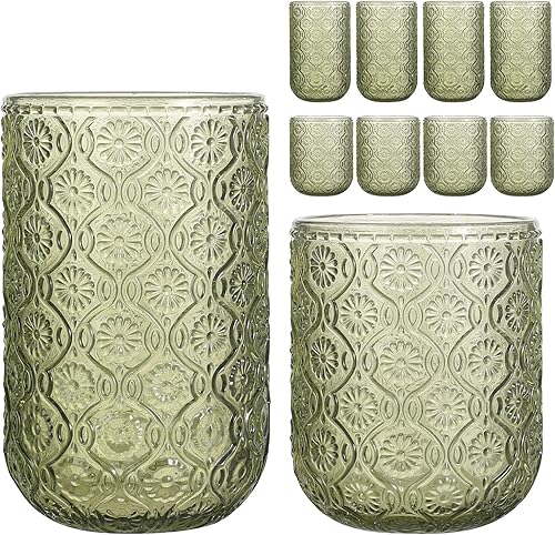 Juego de 8 vasos vintage en relieve, 4 vasos altos de 14 onzas y 4 vasos de 9 onzas, Art Deco, para vino, agua, cóctel, jugo, whisky, regalo (verde)