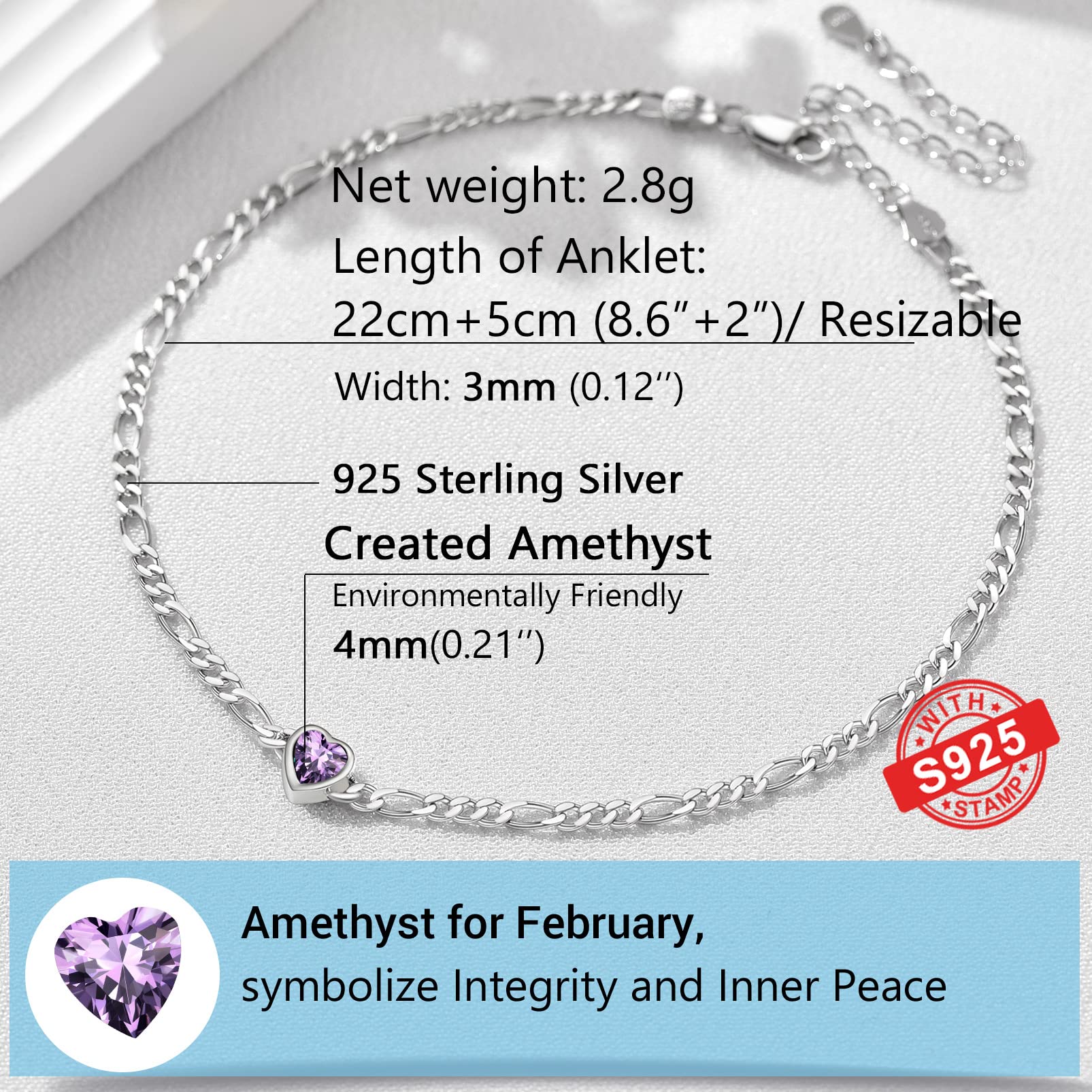 PROSILVER Cavigliera Argento 925 con Cuore Pietra Portafortuna 12 Mesi da Estate Spiaggia con Confezione Regalo 22+5cm Regaolabile