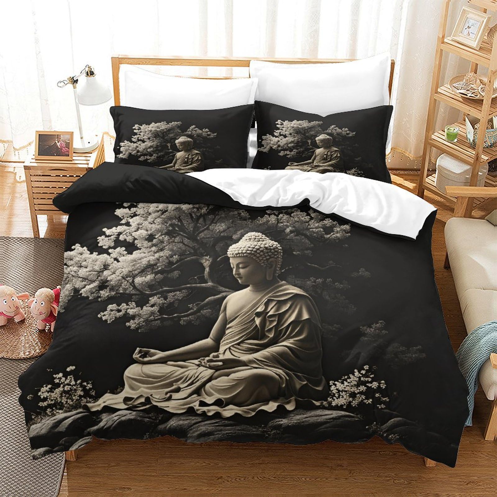 XiaopangXY Sakyamuni Warmth Bed Linen Set Hidden Zipper Buddha Duvet Cover Set with Pillowcases Bedding Set Soft Microfiber Quilt Cover Set for Kids & Adults King（220x240cm）