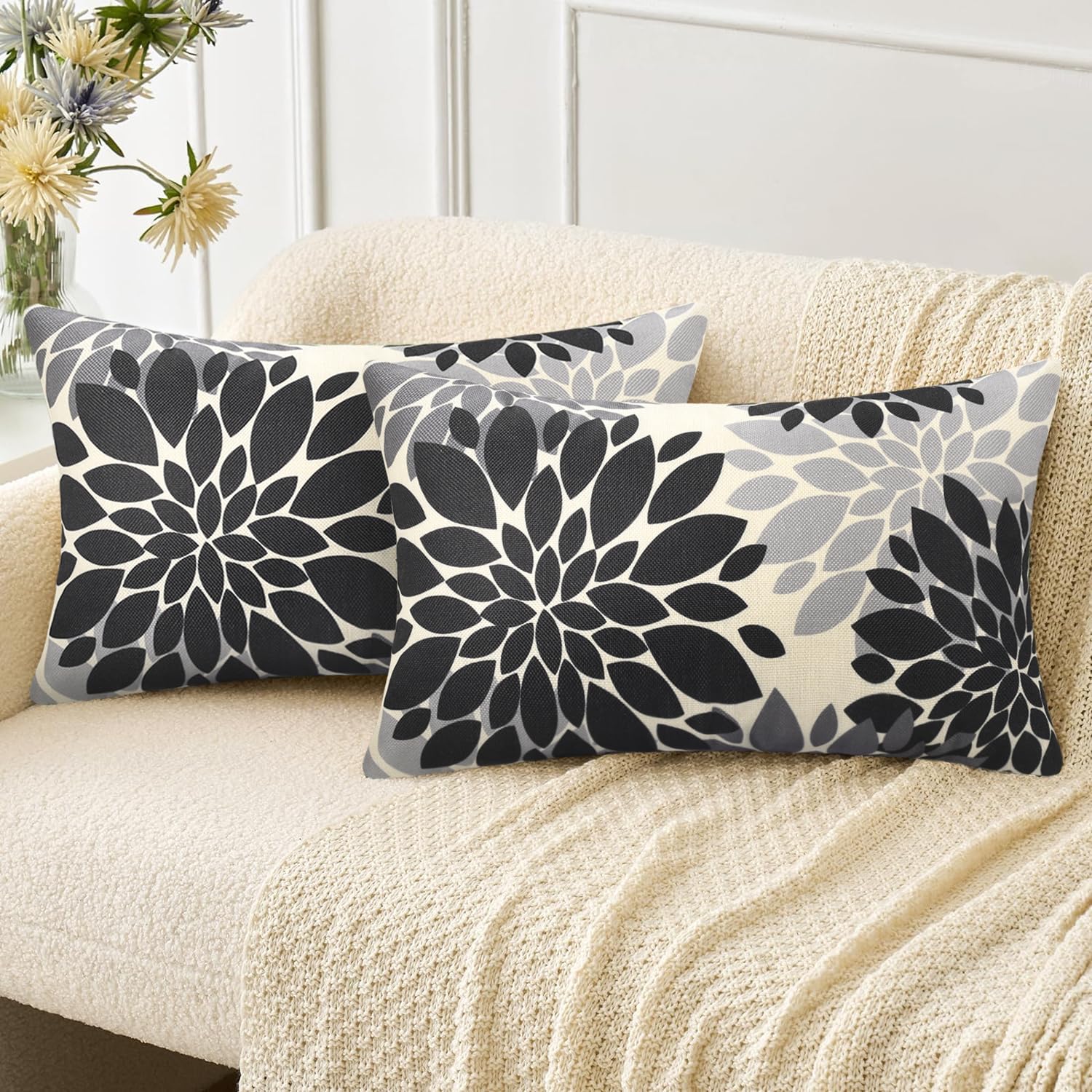 Set di 2 Fodere per Cuscini 30x50 Copricuscini Arredo Casa Motivo Dalia Floreale Fodere per Cuscini Decorativi in Lino Copricuscini Quadrati Astratto Federe per Cuscini del Divano, Nero e Grigio