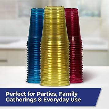 Hefty Party Perfect Tinted Plastic Cups, Red, Blue, Yellow, 18oz, 54ct