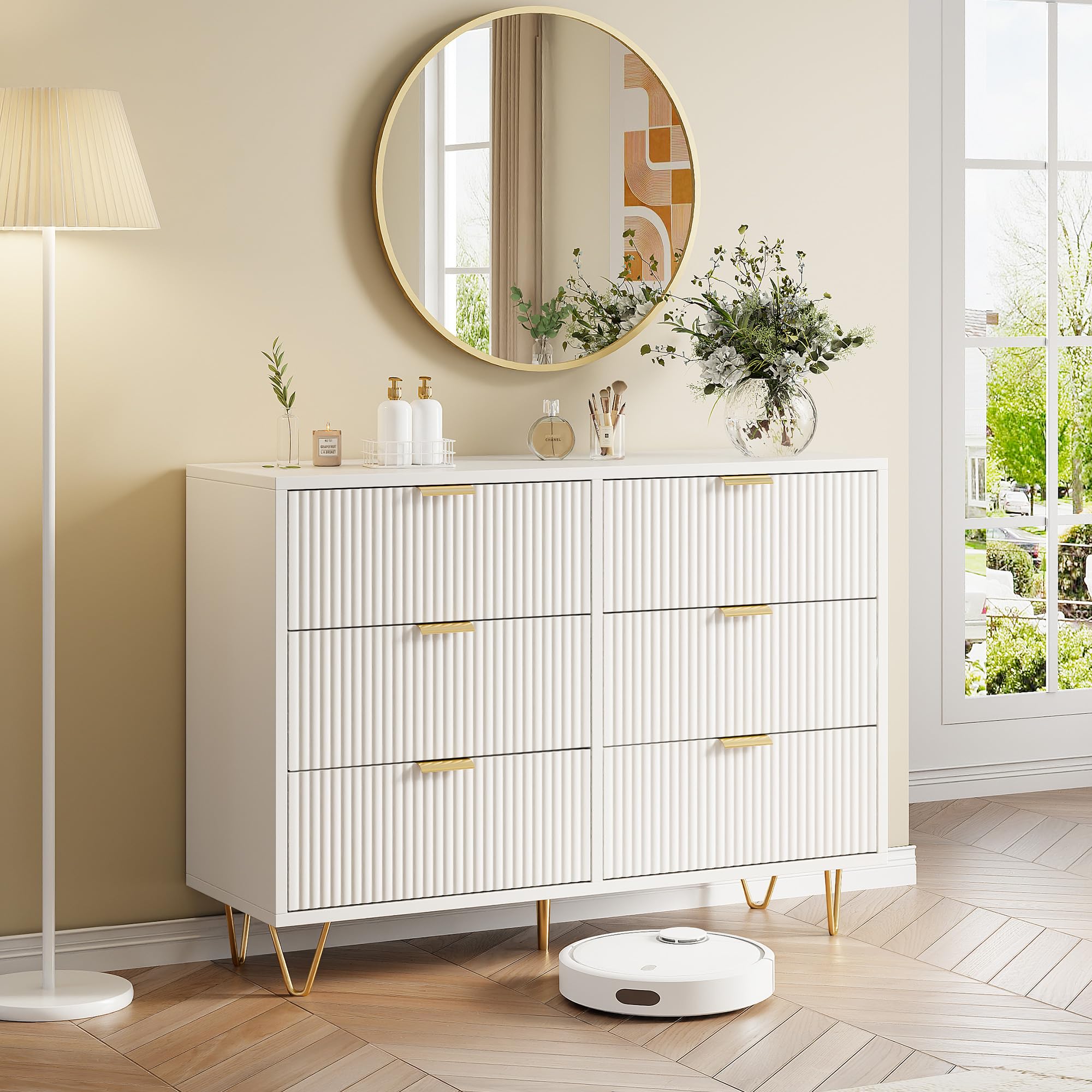 Fofetbfo - Cómoda de 6 cajones, cómoda de almacenamiento, mango y pies, color dorado, estilo moderno escandinavo, cómoda dormitorio adulto, 73 x 34 x 100 cm, para dormitorio, sala de estar, oficina