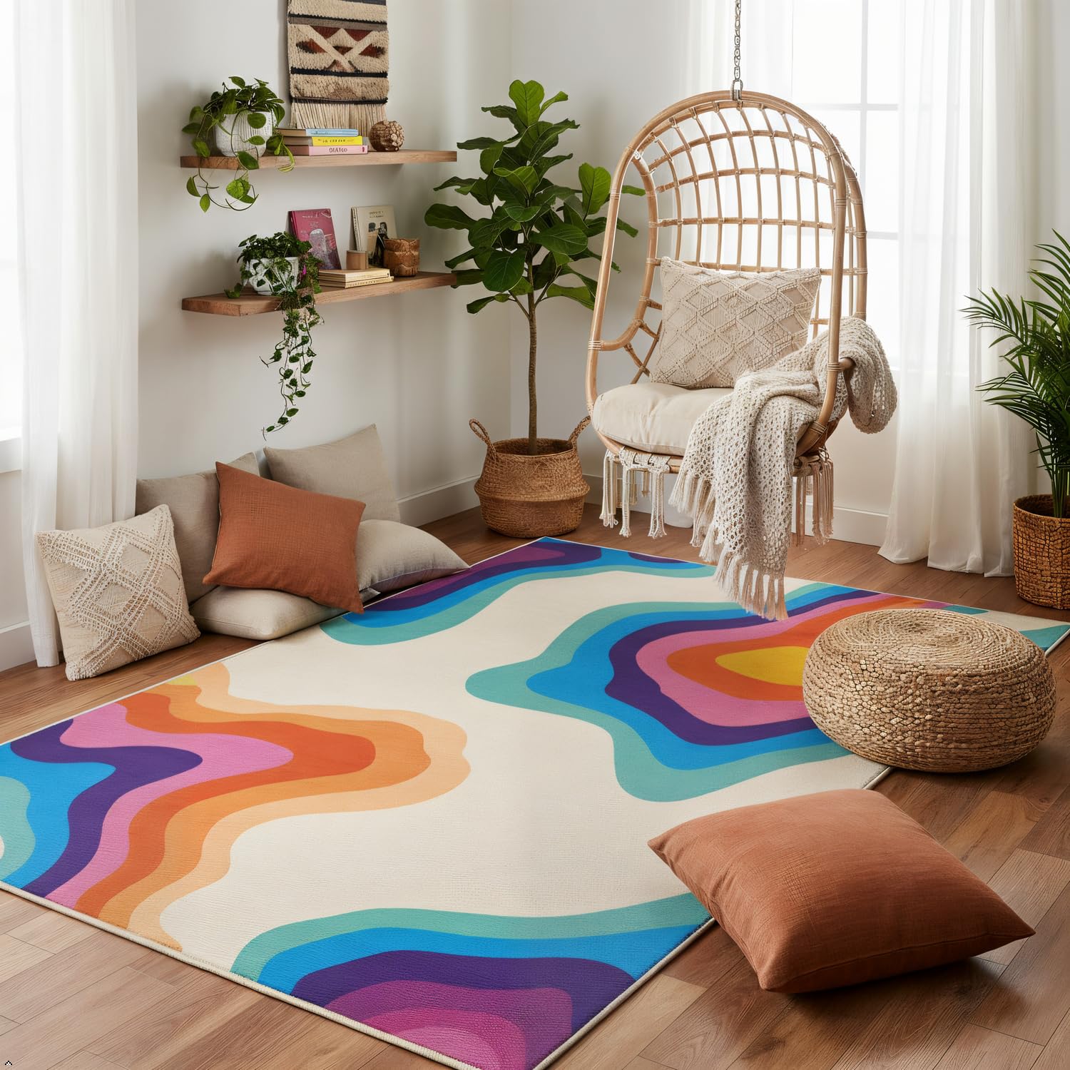 Tzvjxln 70s Retro Groovy Rug 5x7ft - Funky Wavy Swirl Pattern, Non-Slip Washable Indoor Carpet for Bedroom Living Room - Vintage Colorful Abstract