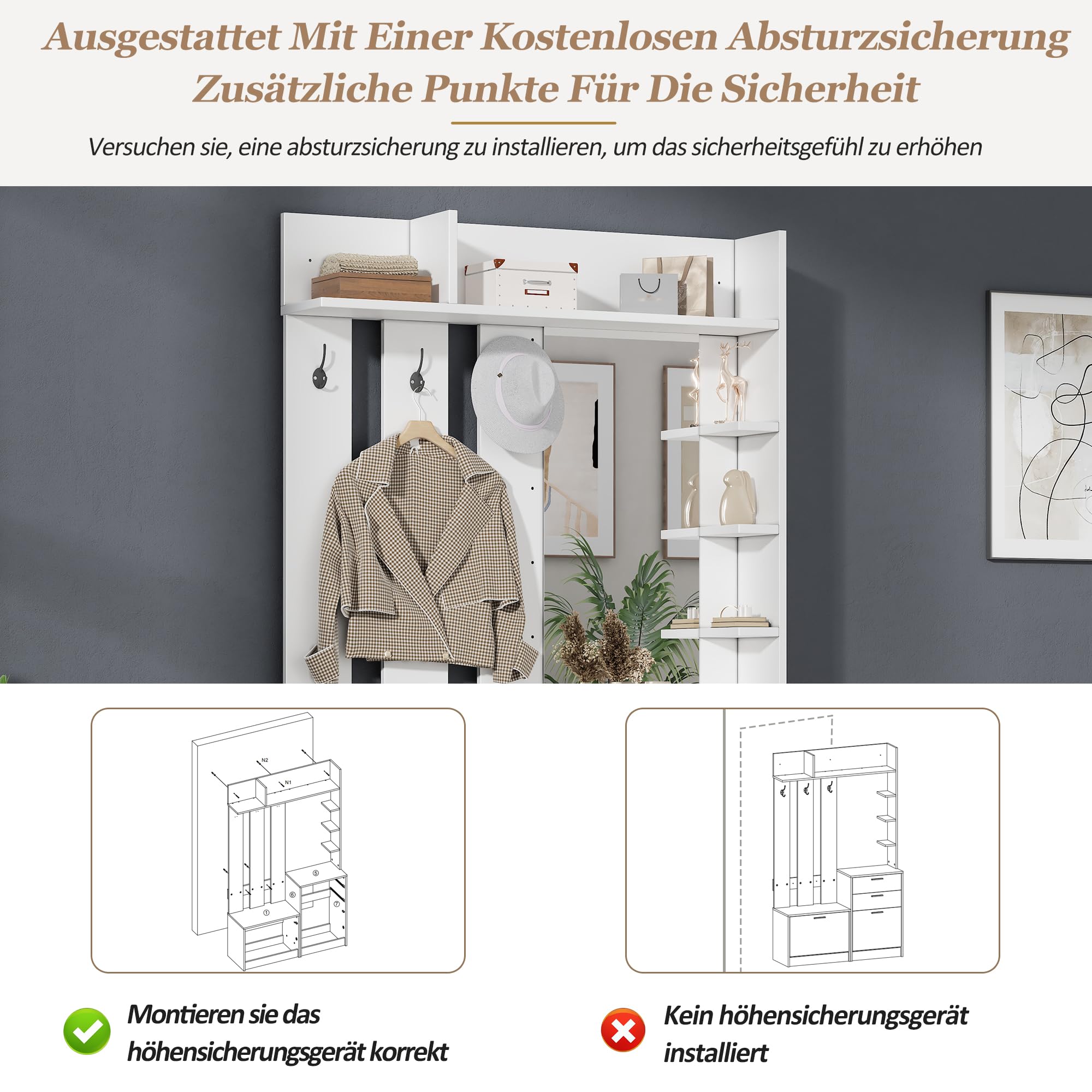 Garderobenset Wandgarderobe, Flurgarderobe Set mit Klapp Schuhschrank und Schuhbank, Flurgarderobe Kompaktgarderobe mit 2 Schubladen, Regalböden und 3 Haken, Flurmöbel Set, Weiß, 110x34x185cm