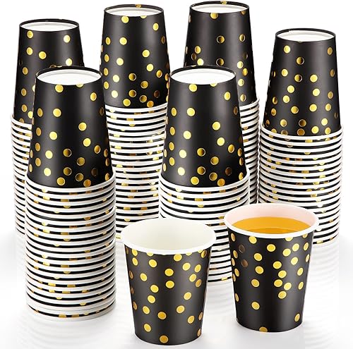 100 tazas de papel negro desechables de color negro, vasos de papel de aluminio dorado, vasos de papel de lunares negros de 9 onzas, tazas de fiesta 100 tazas de papel negro desechables de color negro, vasos de papel de aluminio dorado, vasos de papel de lunares negros de 9 onzas, tazas de fiesta