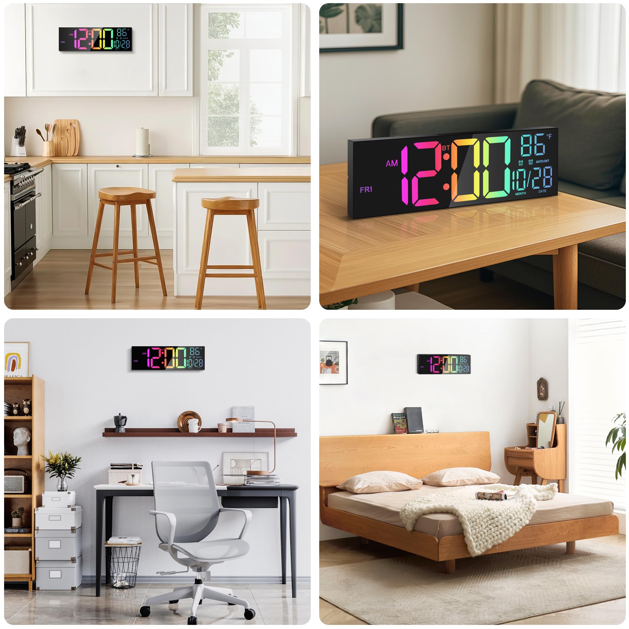 Orologio da Parete Digitale 16,5" con Bluetooth, Luce Notturna, Dimerabile, 2 Allarmi, Temperatura, Colori RGB, Telecomando, 12/24H, Timer – Salotto, Ufficio, Anziani