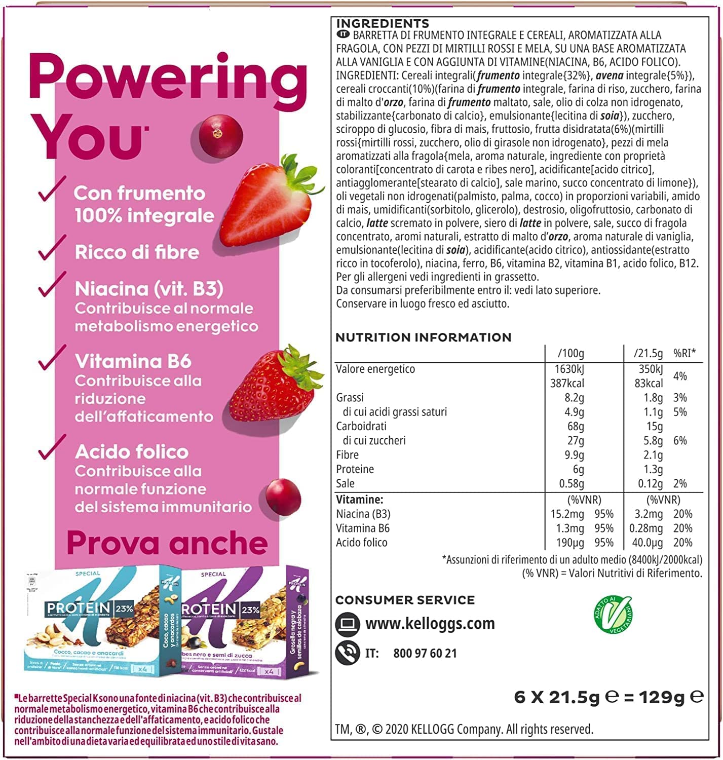 10X Special K Barrette di Cereali ai Frutti Rossi con Frumento 100% Integrale 129g [CAIYA® BOX da 10 Confezioni]