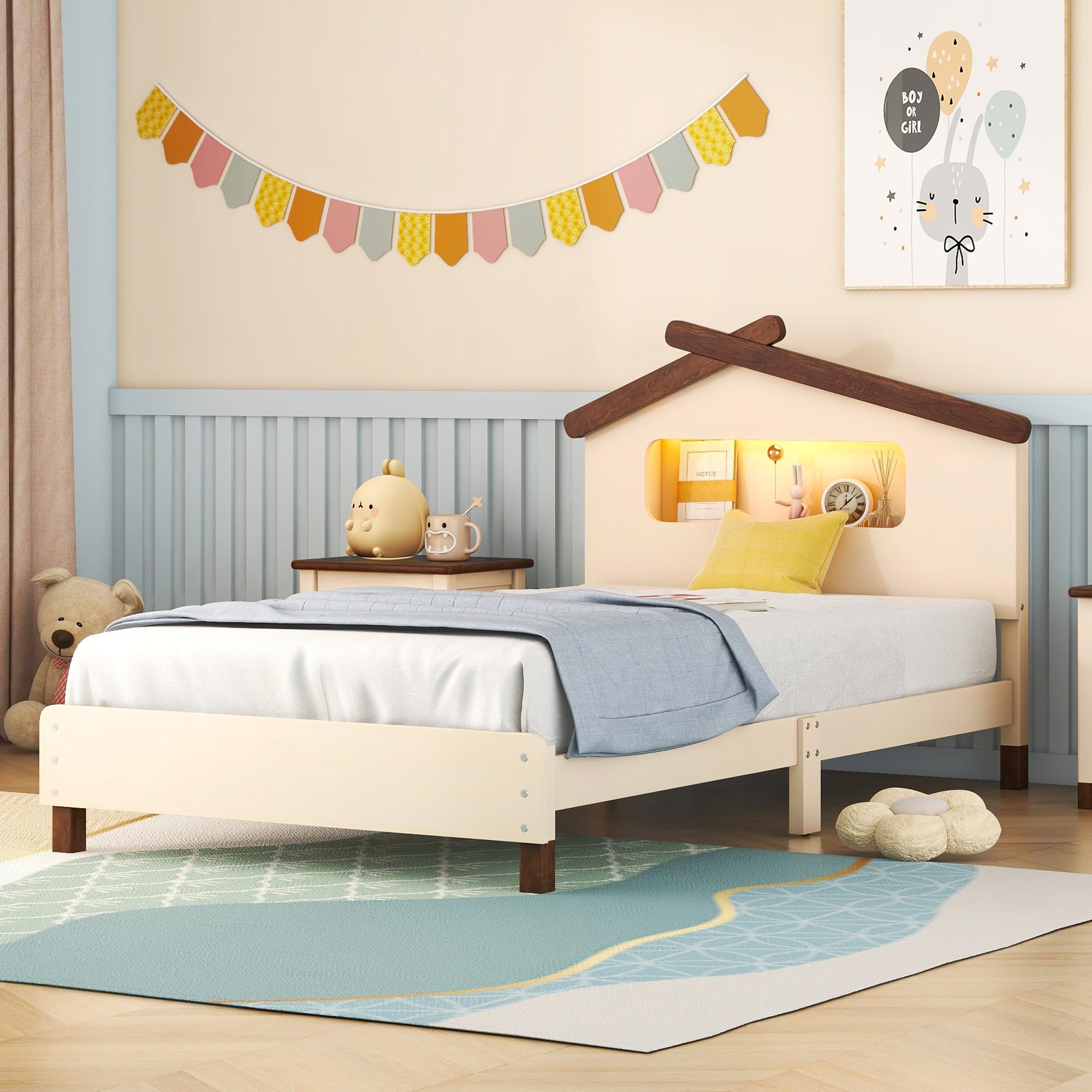 Twin Platform Bed with LED Lights, Wooden Twin Kids Bed with House-Shaped Headboard, Twin Size House Bed Frame for Kids Teens Girls Boys,No Box Spring Needed (Cream+Walnut)