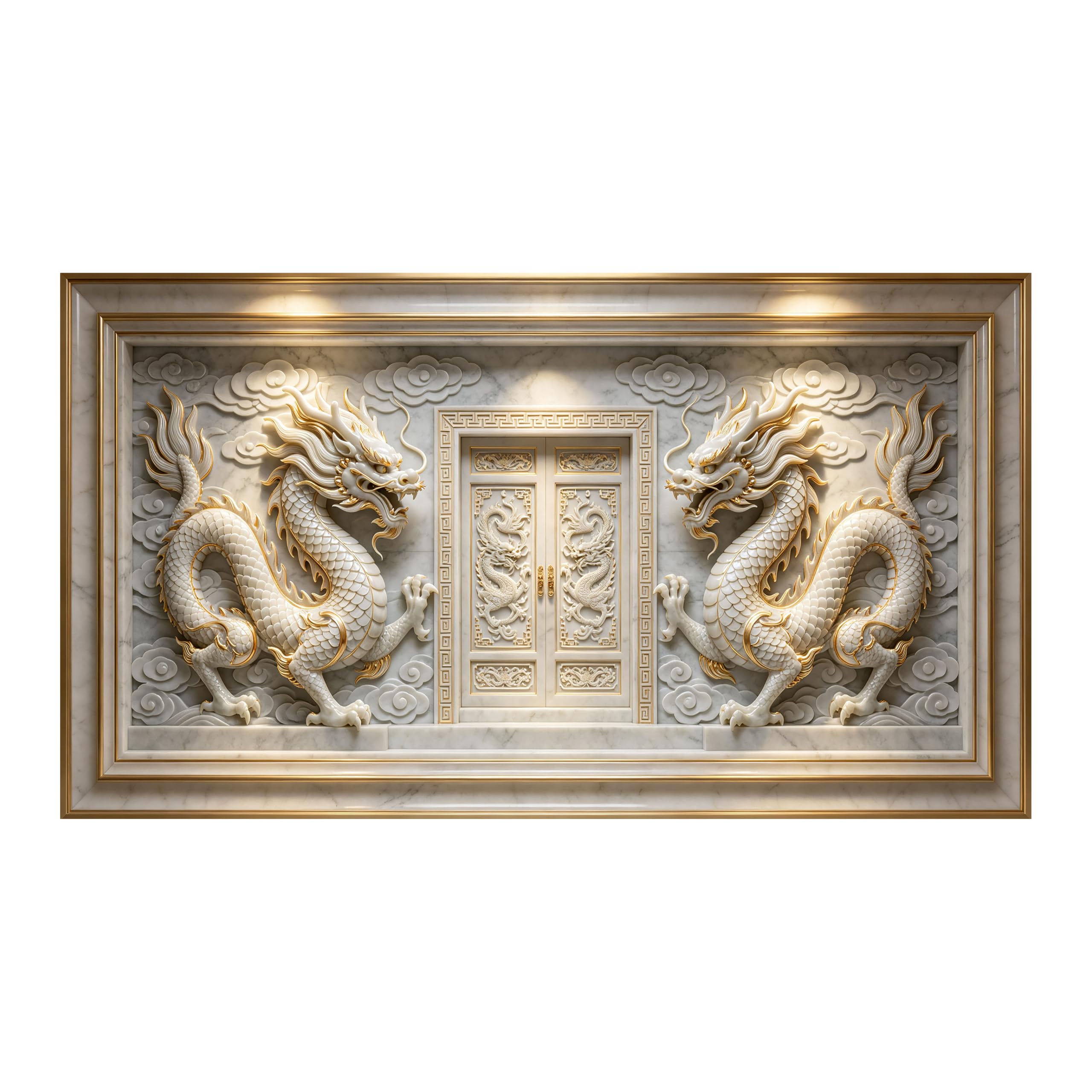 Yzpallescene 3D Framed Wall Art Oriental Dragon Relief Effect Marble Carving Large Size SelfAdhesive Removable Wall Decor Prints Artwork for Living Room Bedroom Office