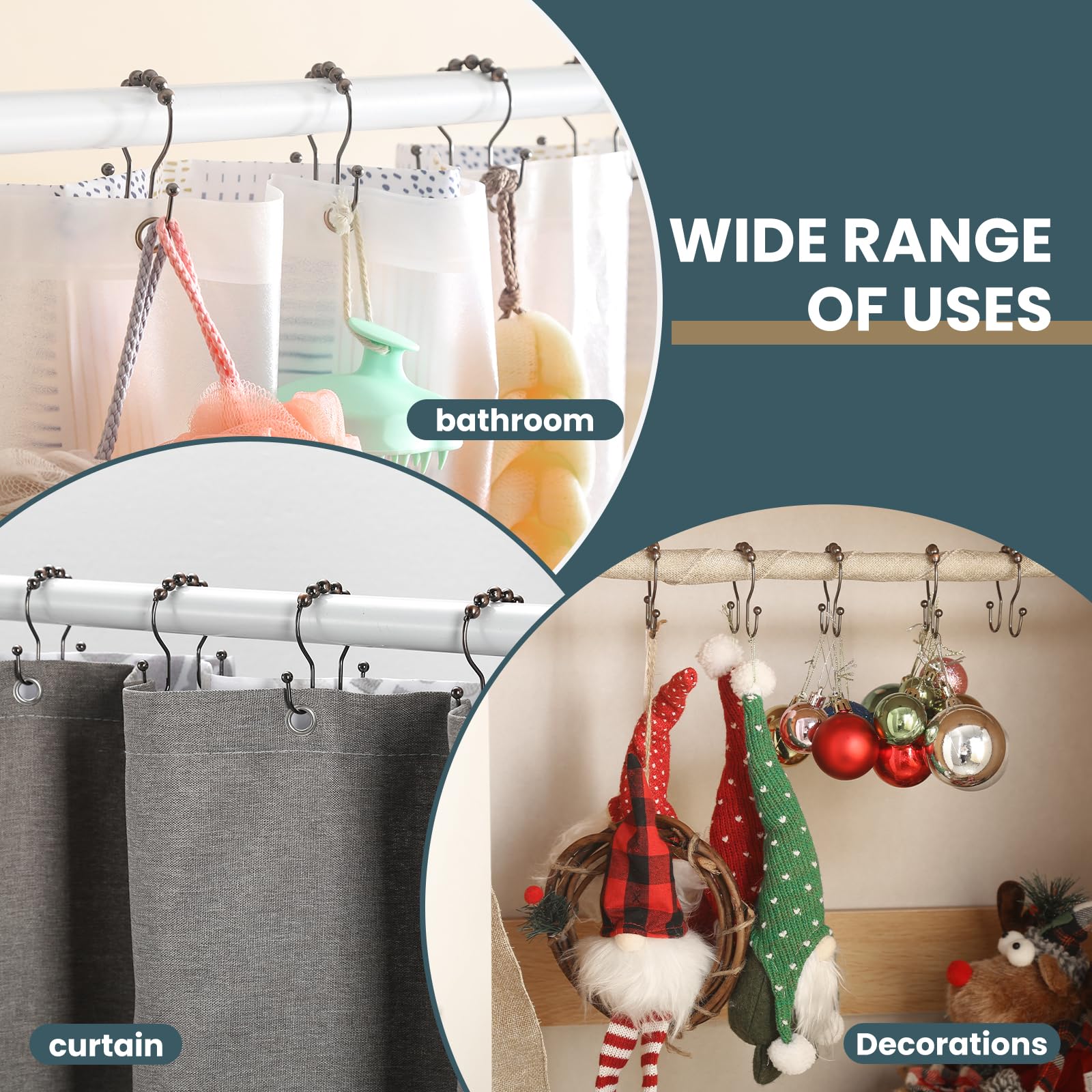 OEH – Lot de 12 crochets de rideau de douche en bronze antirouille, anneaux de rideau de douche en métal antirouille, doubles crochets pour rideau de douche, bronze