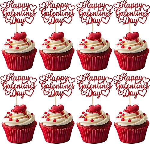 Miniatura 110 de Rsstarxi Paquete de 24 adornos rojos para cupcakes para el día de San Valentín con purpurina de corazón dulce para cupcakes, decoración de pasteles