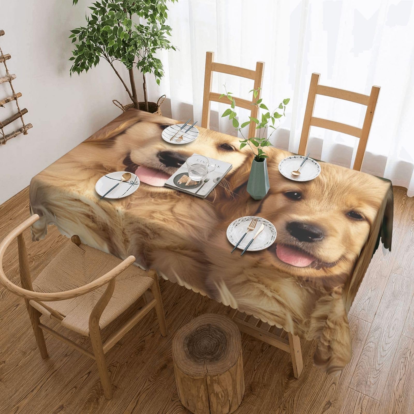WPKJU Golden Retriever Dogs Puppies Pets Printed Rectangle Tablecloth 72x54 Inch with Lace Trim, Water-Resistant Washable Table Cover for Farmhouse Weddings, Outdoor Picnics & Holiday Dining