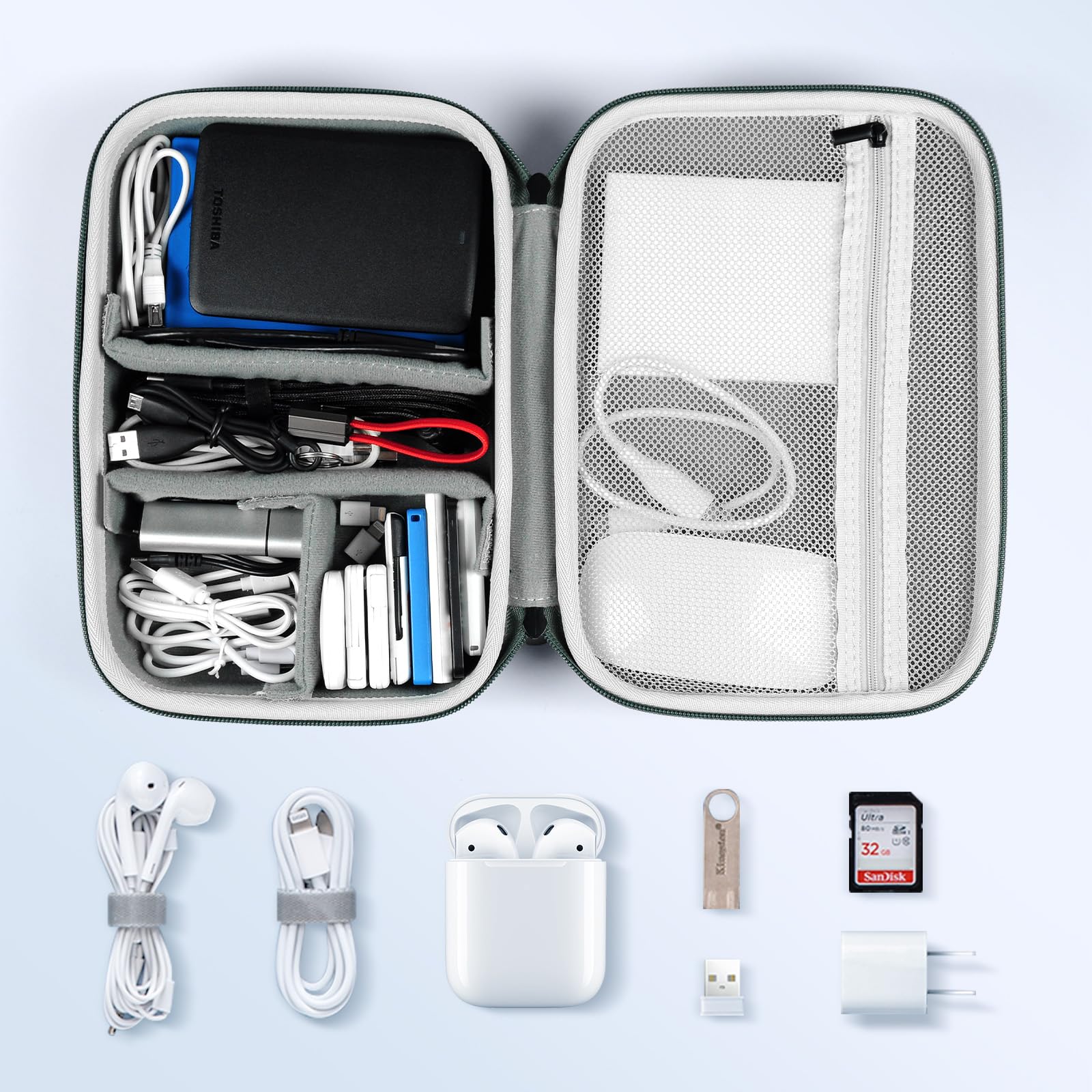 miloocul EVA Electronic Accessories Storage Case Large Shockproof Waterproof Storage Bag for Electronics Organizer Portable Cable Storage Bag for Travel or Work (Green, Single Layer)