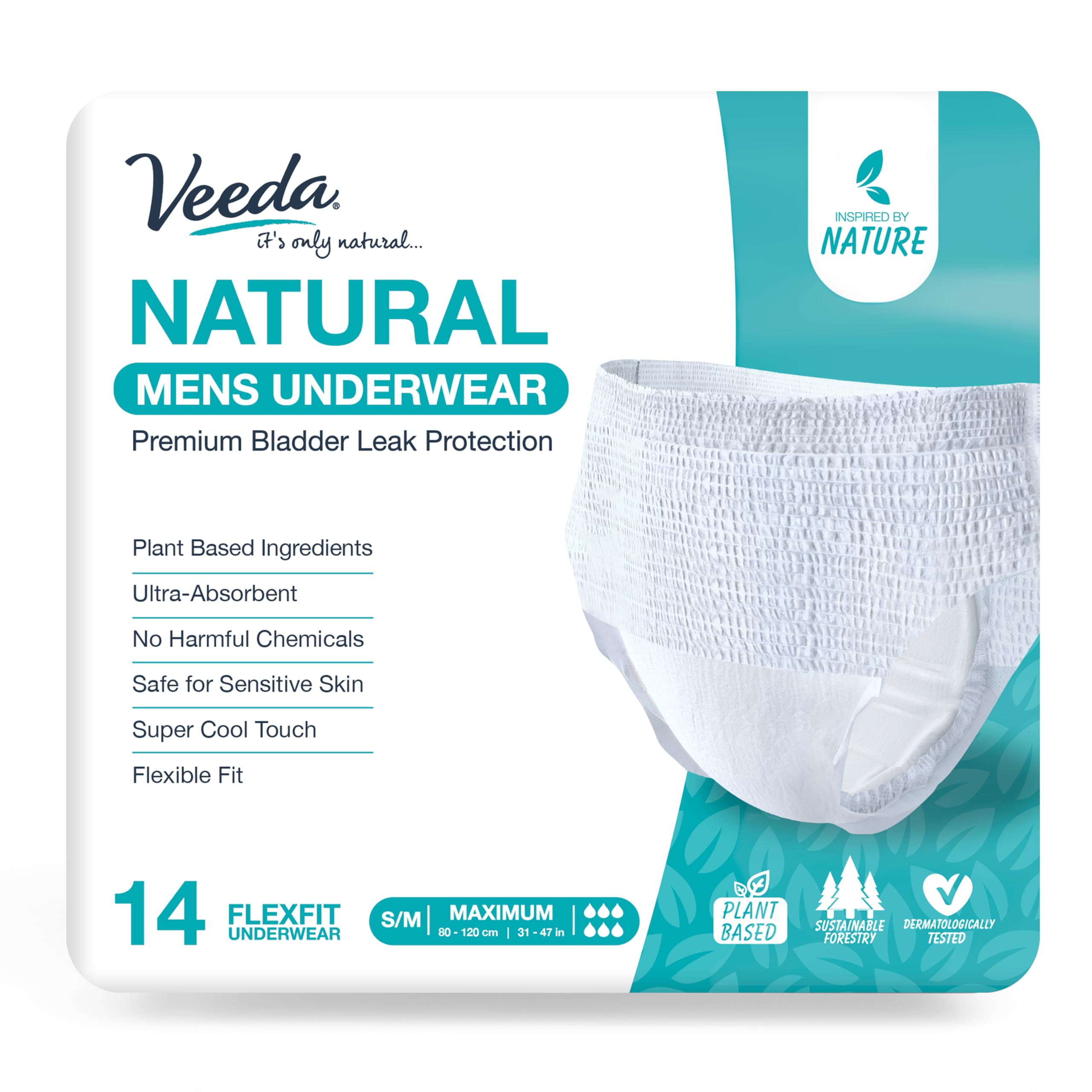 Veeda Natural Premium Incontinence Underwear for Men, for Bladder Leakage Protection, Maximum Absorbency, Small/Medium Size, 14 Count