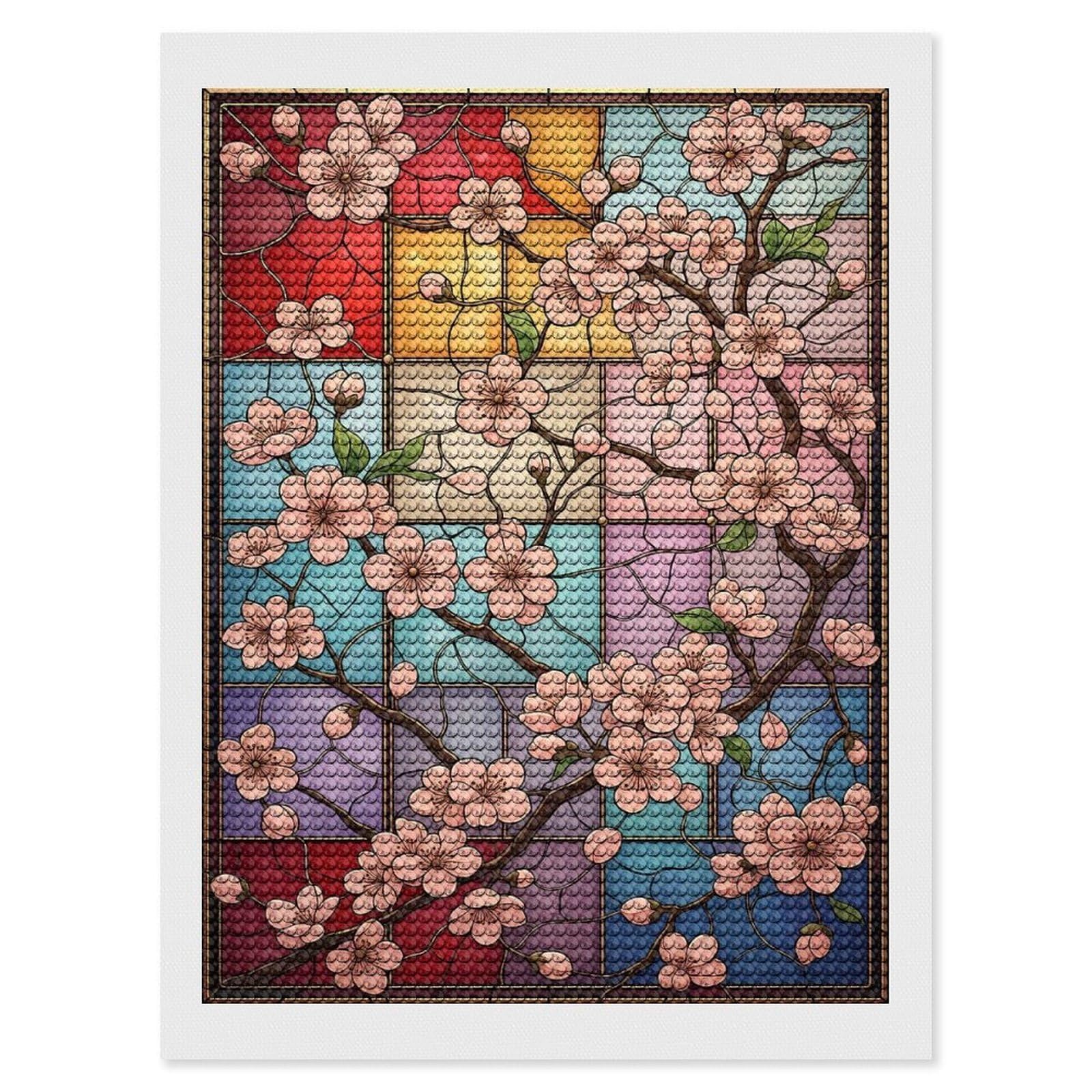 Junmoney Stained Glass Light Cherry Blossom Diamond Painting Set 12"x16", for Beginners, Modern Decor, Simple to Start, Gift Idea, Pleasing Wall Art Project