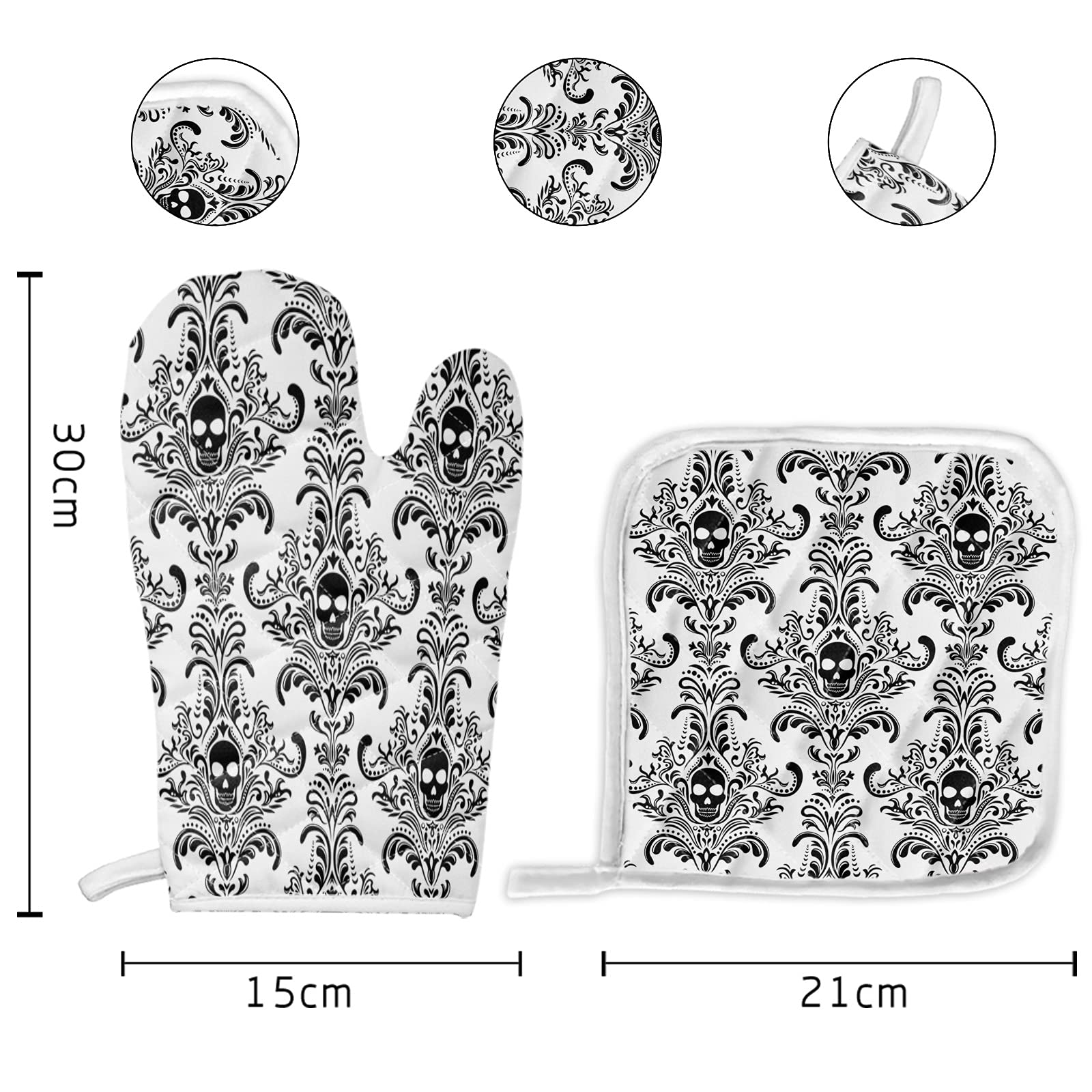 Lot de 2 gants de cuisine et maniques avec doublure en coton doux, motif tête de mort et fleurs d'Halloween